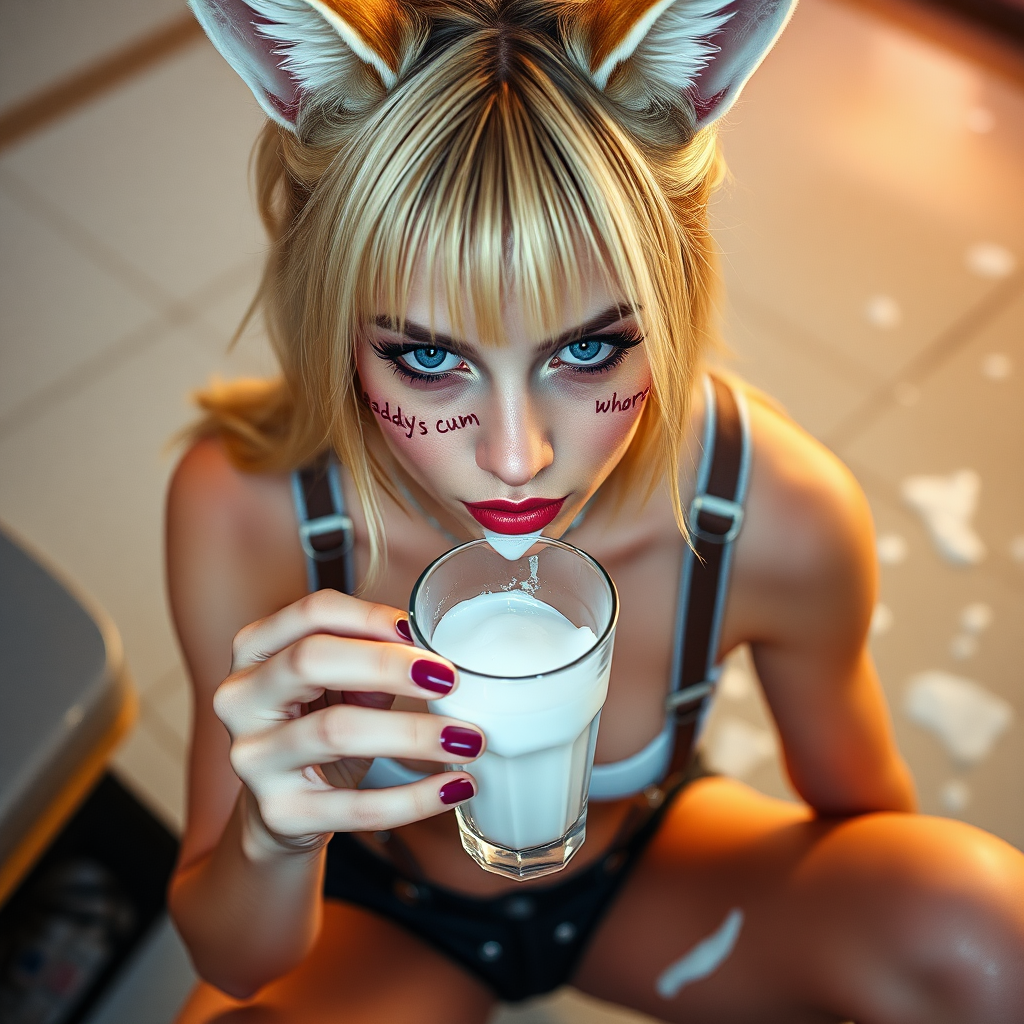 Full body in frame, high POV, Real life photo of a Ashley Olsen as cyberpunk girl, she has “daddy’s cum bucket whore” written on her skin with lipstick. She is holding a glass of translucent white slime below her chin, she has fox ears, tiny cropped tee, wearing g-string thong, suspenders and chunky thigh boots, her eyes and face are covered in clear slime