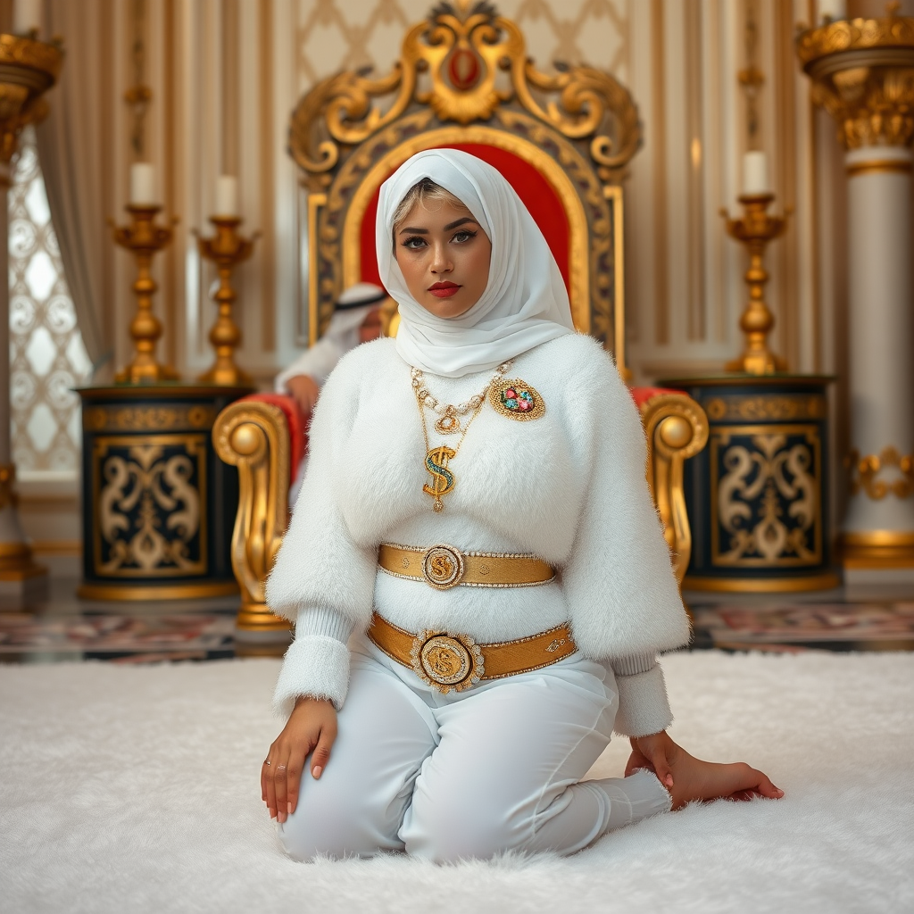 Kuwait desert palace throne room, old overweight mighty sheik sitting on throne. In front of throne, kneeling on white fluffy carpet: Melissa, European 17 years old very convincing femboy “trophy-bimbo”, tamed servile docile, rather short, by hormones very curvaceous womanly figured, platinum blond short tight curls, heavily made-up eyes, wearing Supertanya-style fluffy very fuzzy bright white angora turtleneck-poncho cropped ending under bust decorated with pearls and gemstones, striking oriental wide gold bridal protection belt, white fully transparent harem pants, full Oriental bridal jewelry, face covered by white sheer full Burka, coin anklets, striking diamond “$$$” letter brooch on left chest, pout frustrated, hands tied behind back, looking at camera. Focus on face and turtleneck-poncho.