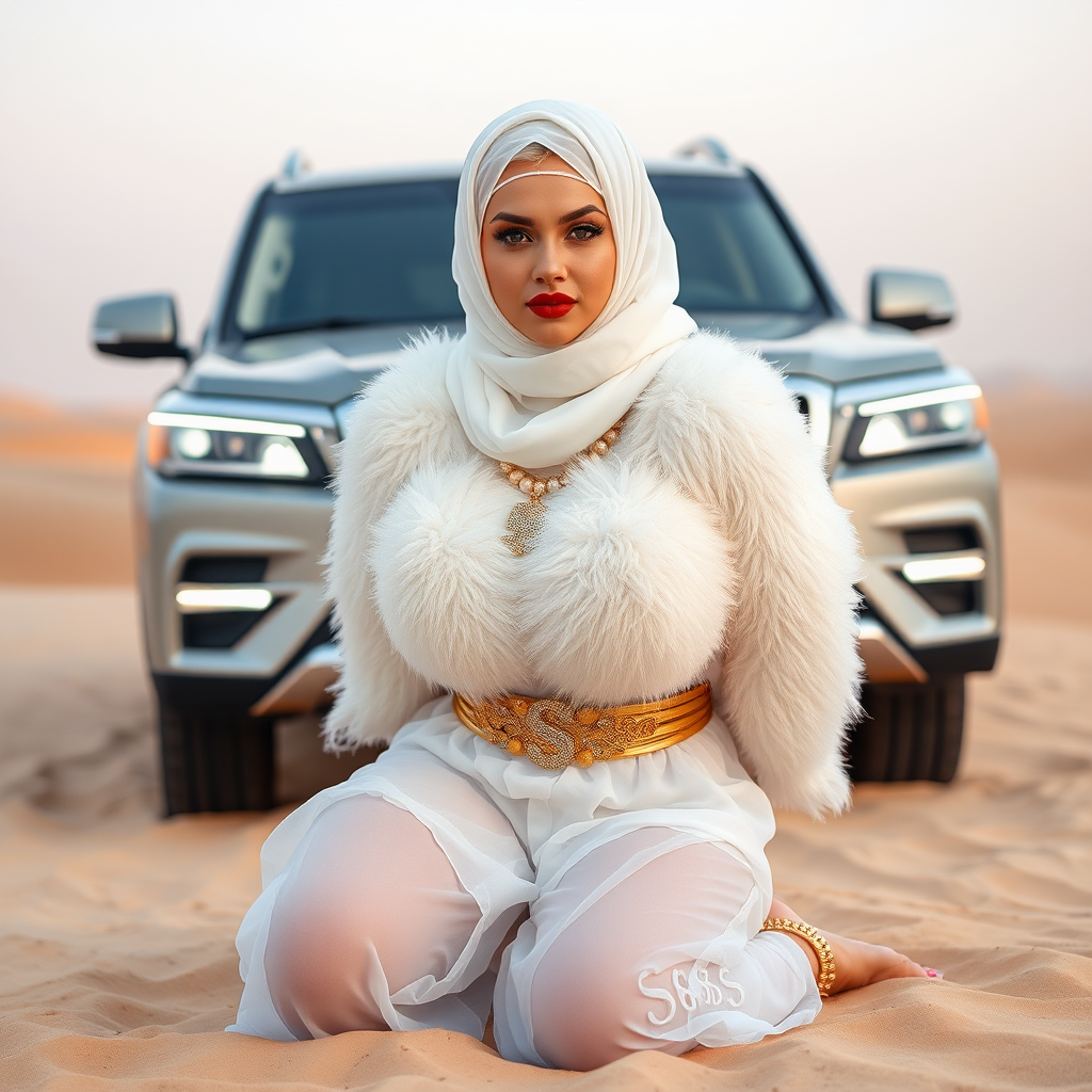 Kuwait desert dunes misty dawn, full size luxury SUV: Melissa, European 17 years old very convincing femboy “trophy-bimbo”, tamed servile docile, very beautiful feminine flawless face, rather short, by hormones very curvaceous womanly figured, platinum blond short tight curls, bold red lips, heavily made-up face, wearing Supertanya-style fluffy very fuzzy bright white angora turtleneck-poncho cropped ending under bust decorated with pearls and gemstones, striking oriental wide gold bridal protection belt, white fully transparent harem pants, full Oriental bridal jewelry, face covered by white sheer full Burka, coin anklets, striking diamond “$$$” letter brooch on left chest, pout frustrated, hands tied behind back, kneeling in sand in front of SUV, looking at camera. Focus on face and turtleneck-poncho.