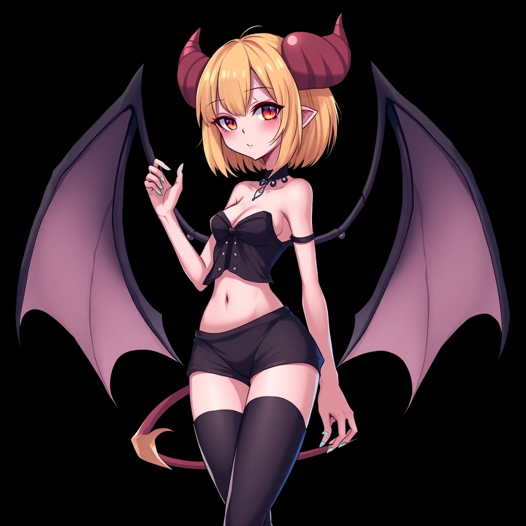 Anime, Black background, A mischievous tall-slender demon girl, short blond hair, wearing sexy-micro clothing