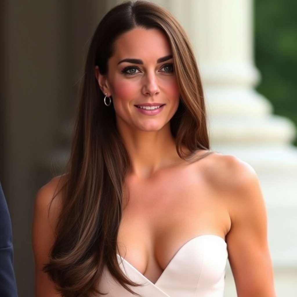 Beautiful very long haired Kate Middleton bare skinned with only her beautiful very long hair concealing her breasts