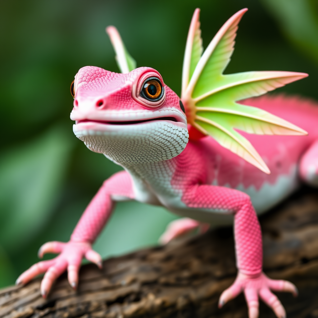 pink lizard, green wings, blue tongue