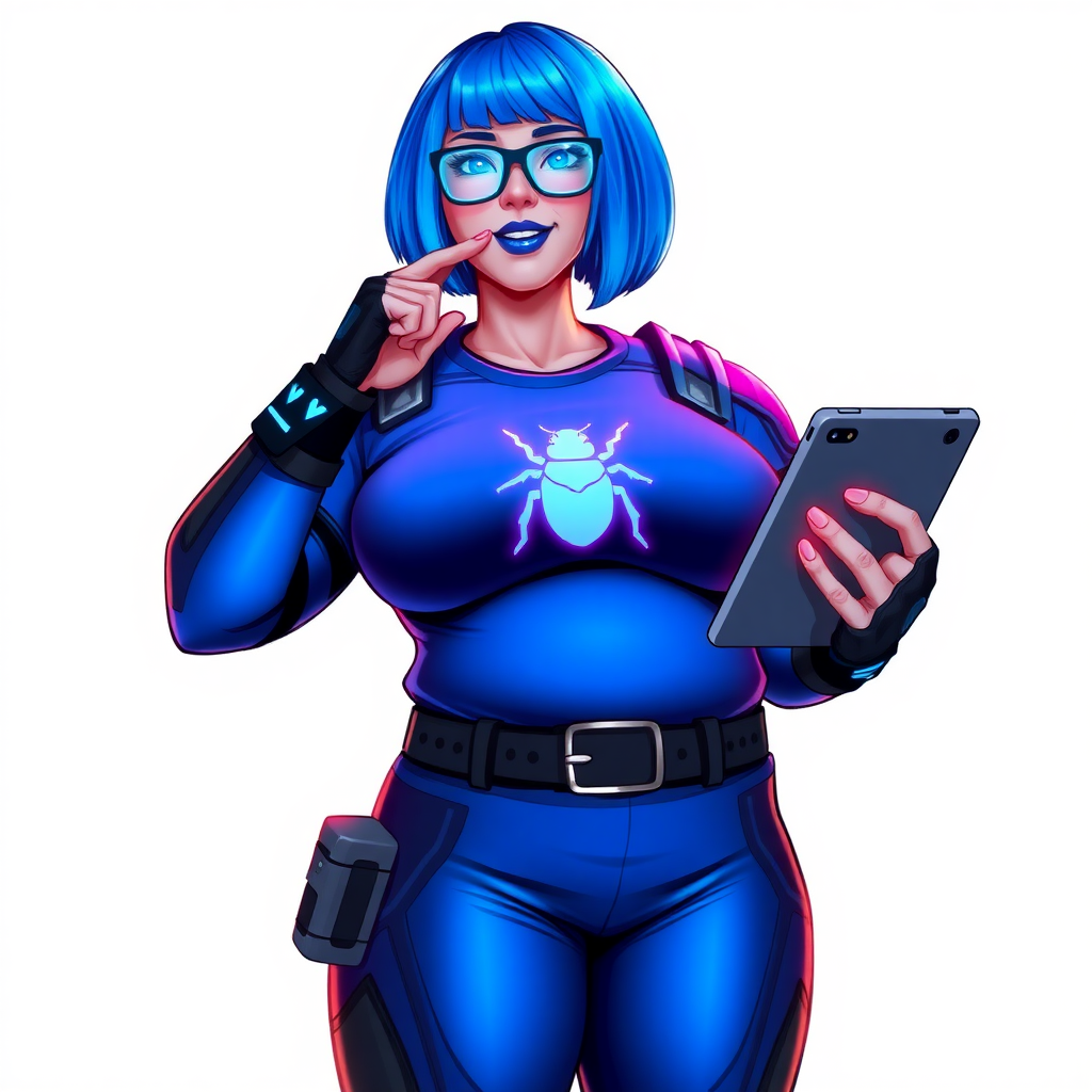 A 28-year-old, full-figured, metallic maximum blue (5PB 5/10) skinned computer program hybrid with a maximum blue bob cut. She has a non-athletic build, highlighted by a prominent, round, large midsection (with emphasis on her belly), which shows the effects of her new love of junk food acquired from her boyfriend. As the full-figured, nerdy, digital sidekick to her cyberpunk vigilante boyfriend, her metallic maximum blue skin and maximum blue lipstick (5PB 5/12) emphasize her digital nature. Her skin has a subtle, animated glow, with digital patterns occasionally flickering across it, making her digital nature obvious. She wears a digital, computerized costume, consisting of a huge, tight-fitting, maximum blue t-shirt (5PB 5/12) made out of advanced nanotech with a neon blue glowing chest icon of a beetle, hi-tech shoulder pads with neon blue accents, a black hi-tech belt with a digital neon blue glowing buckle, digital maximum blue biker pants (5PB 5/12) with neon blue accents, and black hi-tech fingerless biker gloves with neon blue glowing accents. Her neon blue glowing eyes, black eyeglasses with neon blue glowing lenses equipped with a built-in HUD, and bashful smile with neon red blush accentuate her nerdiness.

She stands with a shy, slightly hunched posture, one hand nervously adjusting her glasses while the other clutches a digital tablet close to her chest. Her pose reflects her intellectual curiosity and slight social awkwardness, much like Sci-Twi. Her costume covers all her skin and emphasizes her full-figured physique (especially her belly). Despite her build, she radiates beauty. She has a slim face compared to her physique, accentuating her radiant beauty. She is on a solid white background. She is drawn as if she were in a retro 2D cyberpunk fighting game.