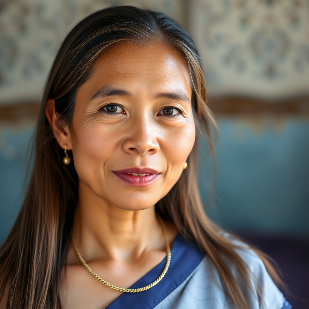 A 50 Year young North-East Thai Women with uncolored long straight Hair and a fine Gold chain.