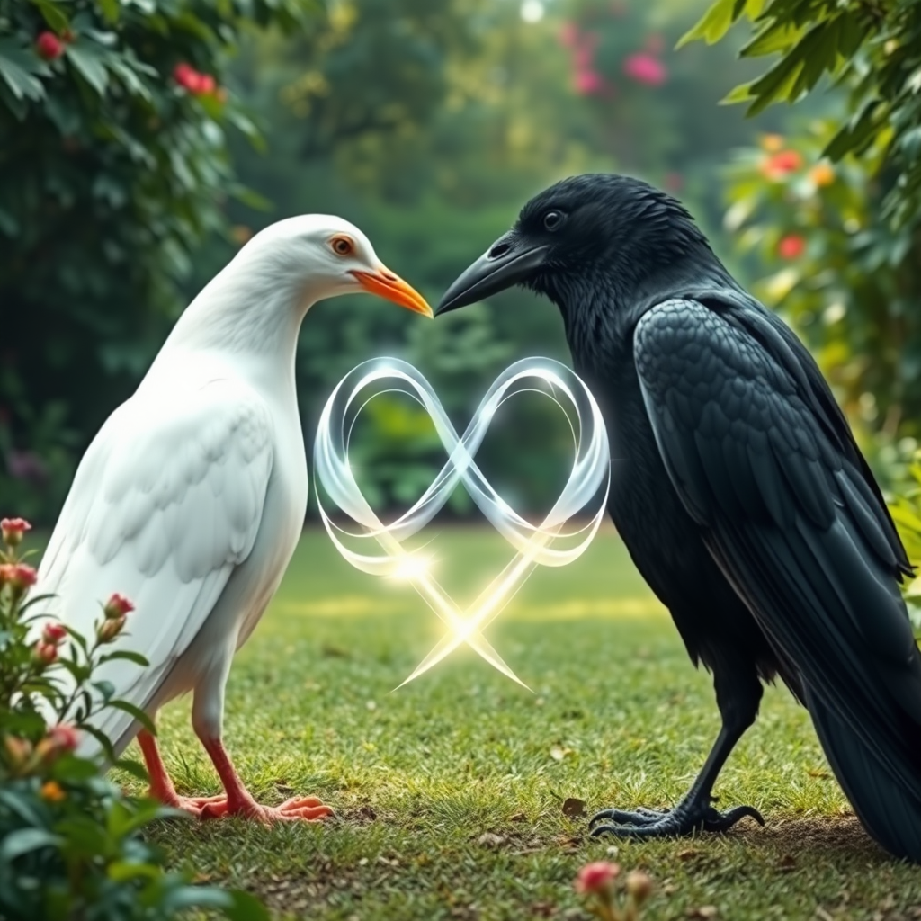 a huge white dove and a huge black crow standing facing each other within a clearing in an incredible lush garden. The beak of the dove is touching the beak of the crow. There is an abstract infinity symbol of wavy, transparent light energy that crosses as the beaks and moves into the bodies of the birds