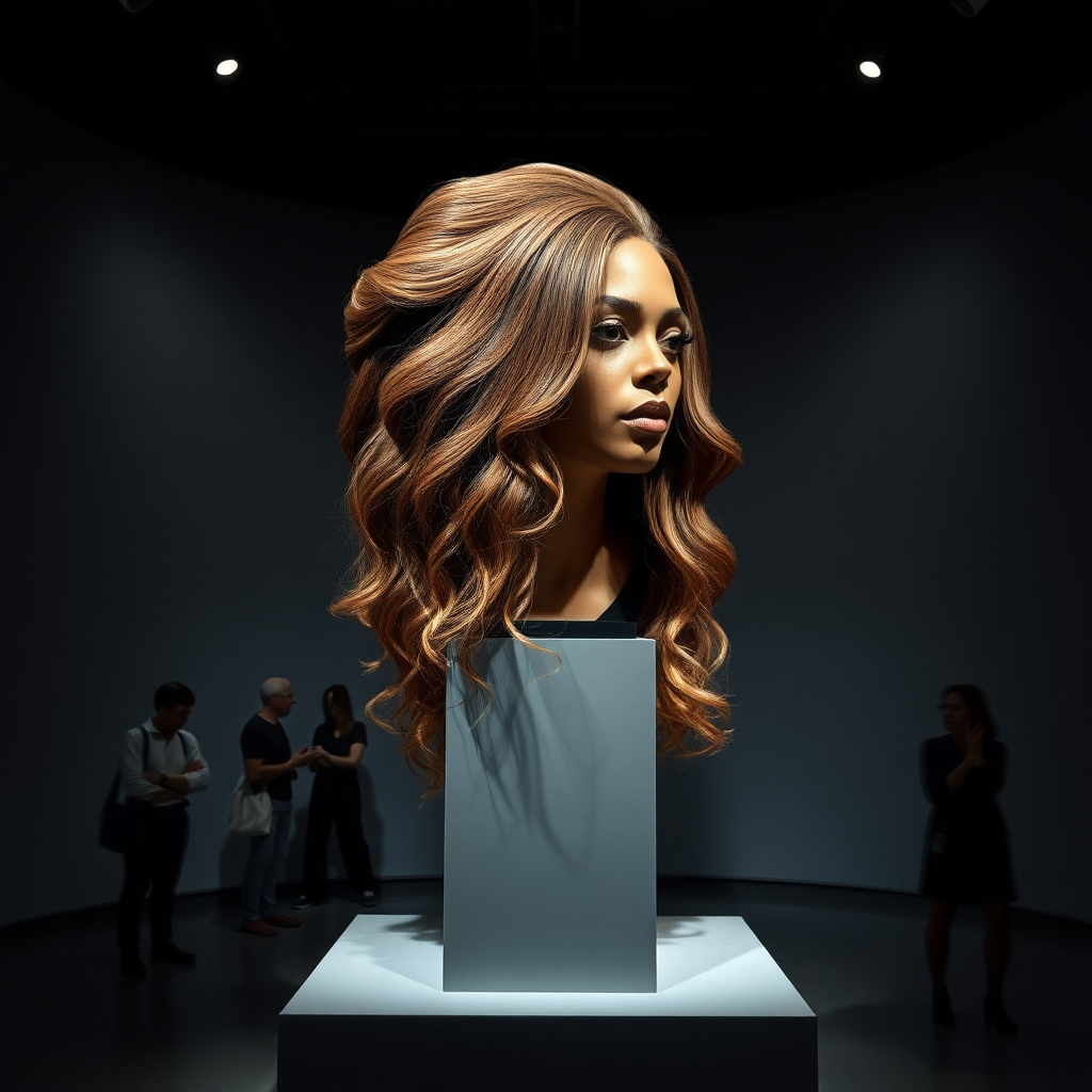 In a dimly lit exhibition hall that captures the essence of avant-garde artistry, a striking centerpiece commands attention—a stunning, life-sized reproduction of Beyoncé's disembodied head, artfully displayed atop an elegant, minimalist stand. Her luscious, cascading hair, flowing down like silken waterfalls, glimmers under soft spotlights, revealing various shades of deep ebony, sun-kissed caramel, and rich mahogany. Each strand of hair appears meticulously styled, evoking a sense of ethereality that captivates passersby.

The exhibit's atmosphere is infused with an intriguing blend of fascination and subtle mystery. The plain gray background serves as a striking contrast, emphasizing the intricate details of the head's delicate features and the sheer volume of her luxurious hair. As viewers meander through the exhibit, whispers of awe ripple through the crowd—an electric anticipation fills the air, punctuated by the occasional gasp, as onlookers contemplate the artistic statement of beauty and identity.

Glimmers of ambient lighting dance upon the hair, creating an almost dreamlike effect that draws the eye, while the subtle scent of polished wood and fresh paint lingers in the air, enhancing the sensory experience. Amidst this surreal setting, a skilled magician steps forward, performing deft sleight of hand tricks that play with illusions of reality, making it feel as though Beyoncé's hair might come alive at any moment. Curiosity intertwines with enchantment, making each viewer ponder the boundaries of beauty, art, and expression.