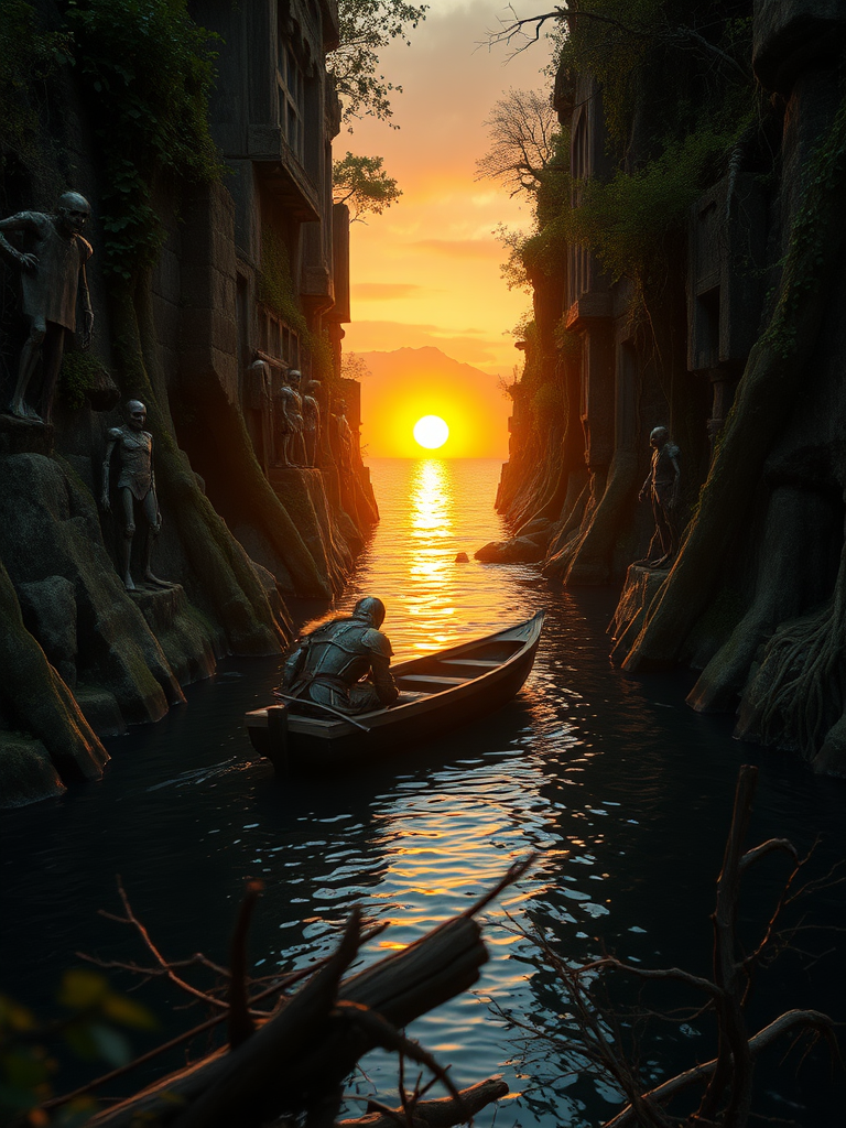 An epic cinematic film still of a wounded knight, his armor ripped and stained, slumped against the mast of a small wooden boat. The boat bobs gently on the surface of a narrow river, its path illuminated by the fiery glow of a setting sun. The river is nestled between towering cliffs, their faces carved with ancient ruins, choked by vines and overgrown with gnarled trees. The ruins are a testament to a forgotten civilization, with hanging skeletons and rusted warrior armor buried beneath the foliage. Zombie knights, their bodies glowing with dark green mystical energy, stand guard along the riverbank. The setting sun casts long shadows across the scene, a fiery orb sinking towards the horizon. The river slowly widens as it flows towards the ocean, a vast expanse of water revealed beyond the cliffs, where the last rays of the sun are reflected on the rippling surface. Some foreground dead logs and twigs foliage out of focus.