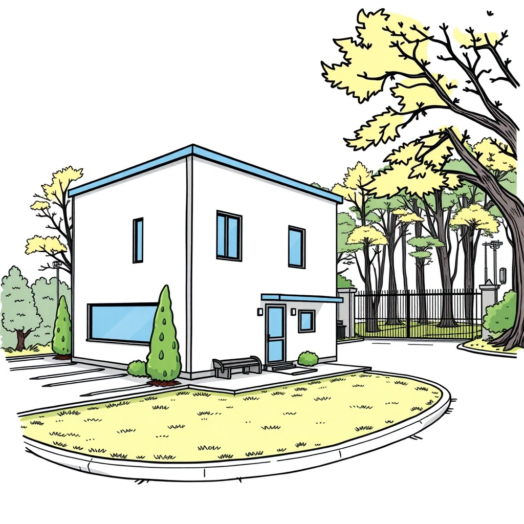 at the back of a small flat 2 storeys office building on the left in the foreground, a small company parking lot on the left behind the building, borders, trees, lawn, wood outskirt on the right, company gate in the background, colorfoul image long establishing shot, 2D, caricature, cartoon, Sketch lines, coloring book, coloring book style on white background, well composed, clean coloring book page, No dither, no gradient, strong outline, No fill, No solids, vector illustration, realistic proportions, left side view