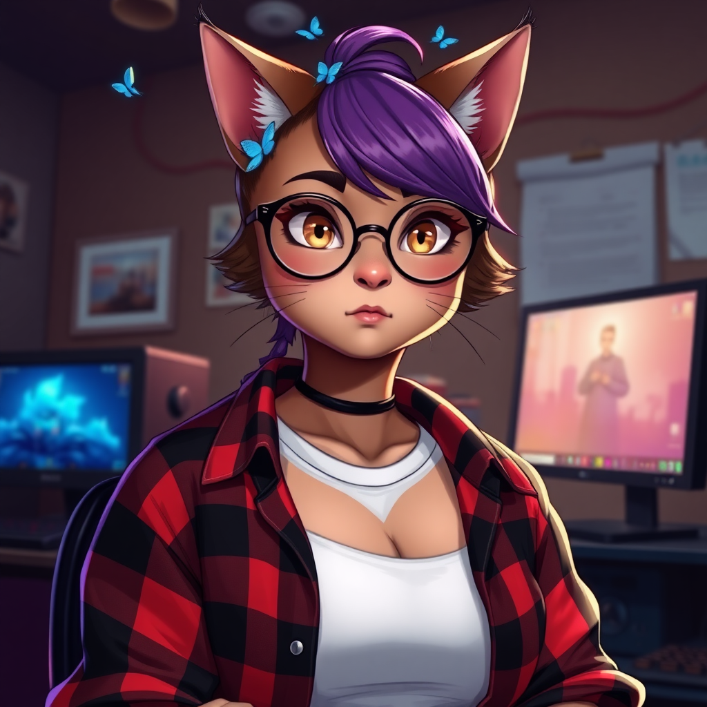 female lesbian cat-man with a big chest, no makeup, serious brown color with little blue butterflies on her head, a round face, with a purple undercut hairstyle, hazel eyes, dimples on her cheeks, chubby cheeks, wearing semi-round glasses, a red and black checked open shirt with a white t-shirt underneath, in front of a desk with a gaming PC, in digital art