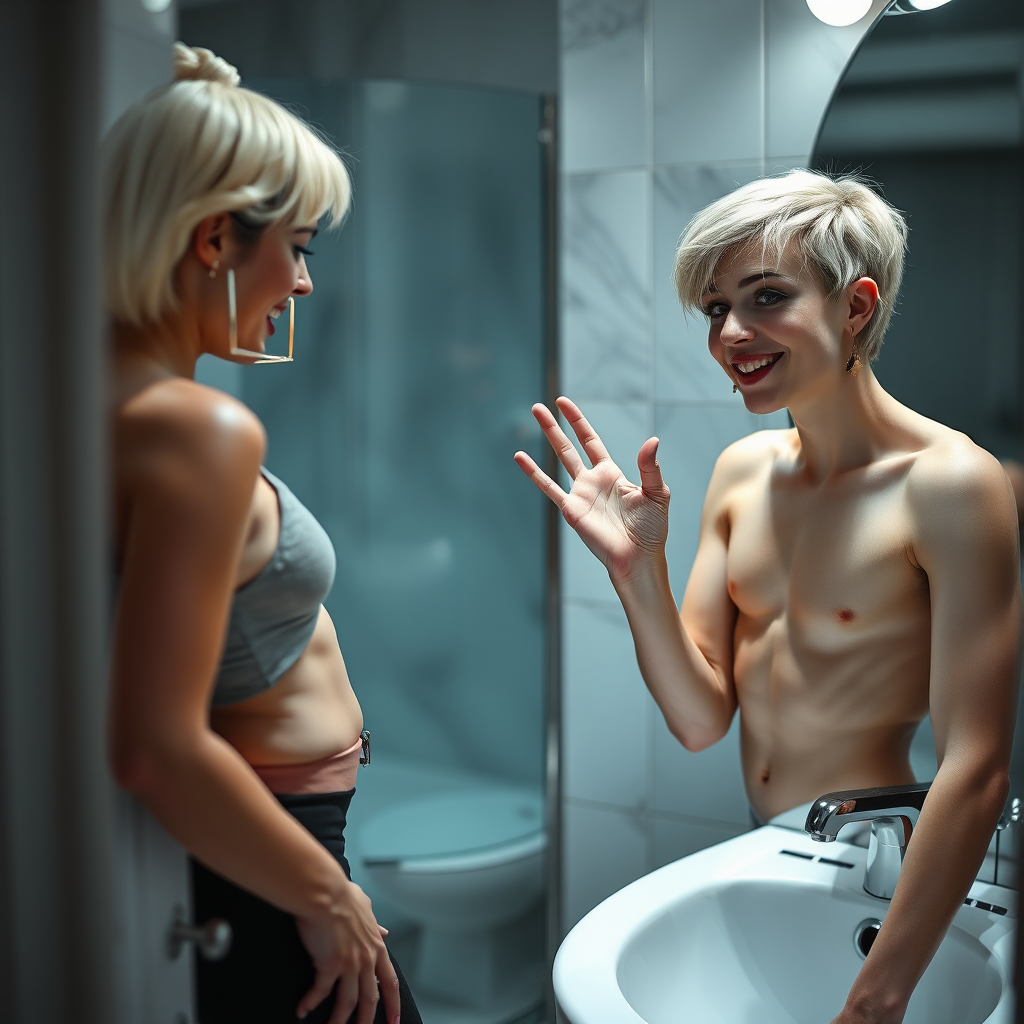 photorealistic, ultra high resolution, 16K, surreal fantasy, studio lighting, a 35 year old mother who is fully dressed for work is watching her pretty 16 year old goth son, slim male physique, short blonde hair, goth makeup, earrings, pantyhose, white ballet shoes, in the bathroom, excited smile, facing the camera.