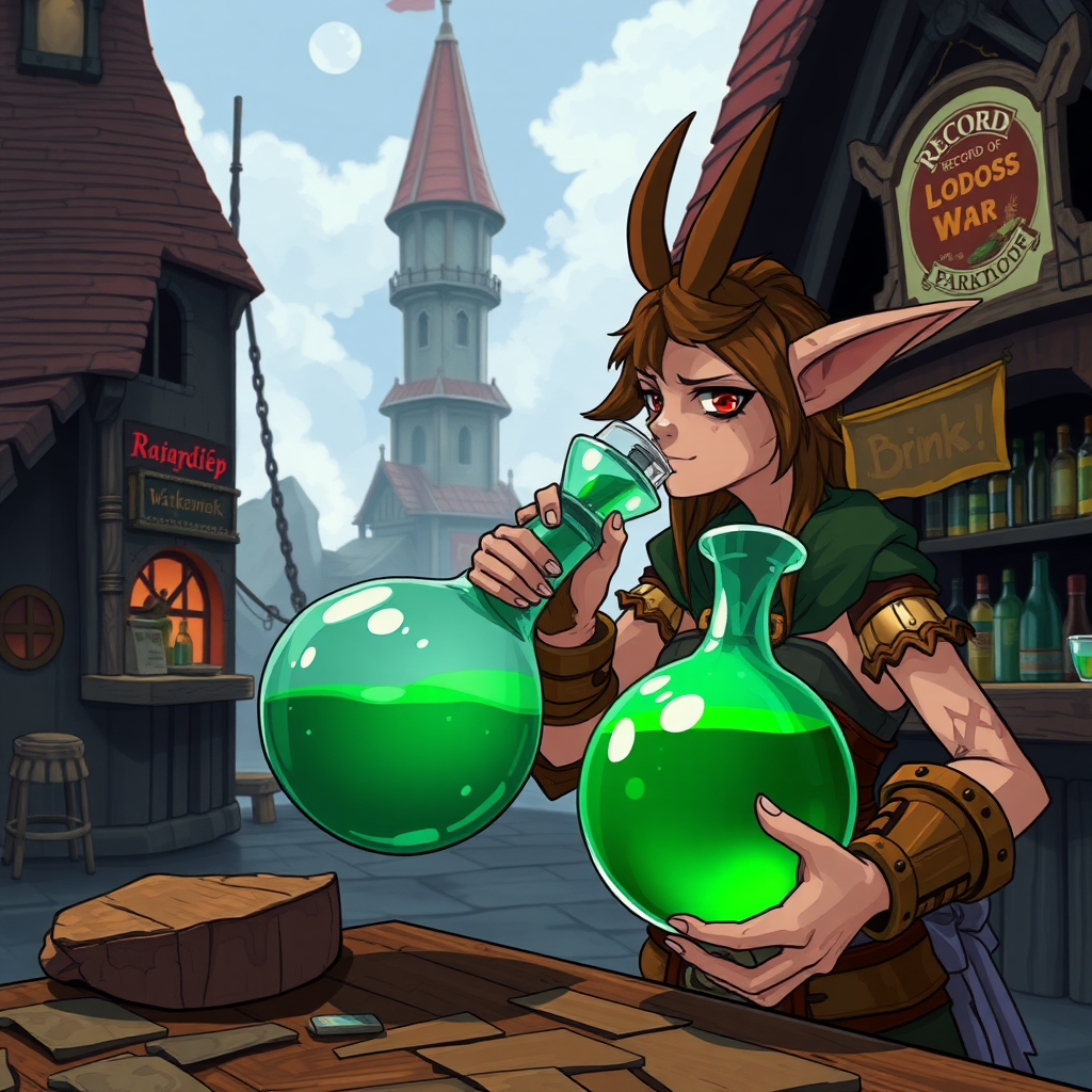 A wide distance shot of a female kobold warrior drinking a large potion from a round flask. Dungeons and Dragons port called Waterdeep. Mage tower in the background. Bar with an advertisement for a drink called "Brajkaisop". Anime style, Record of Lodoss War.