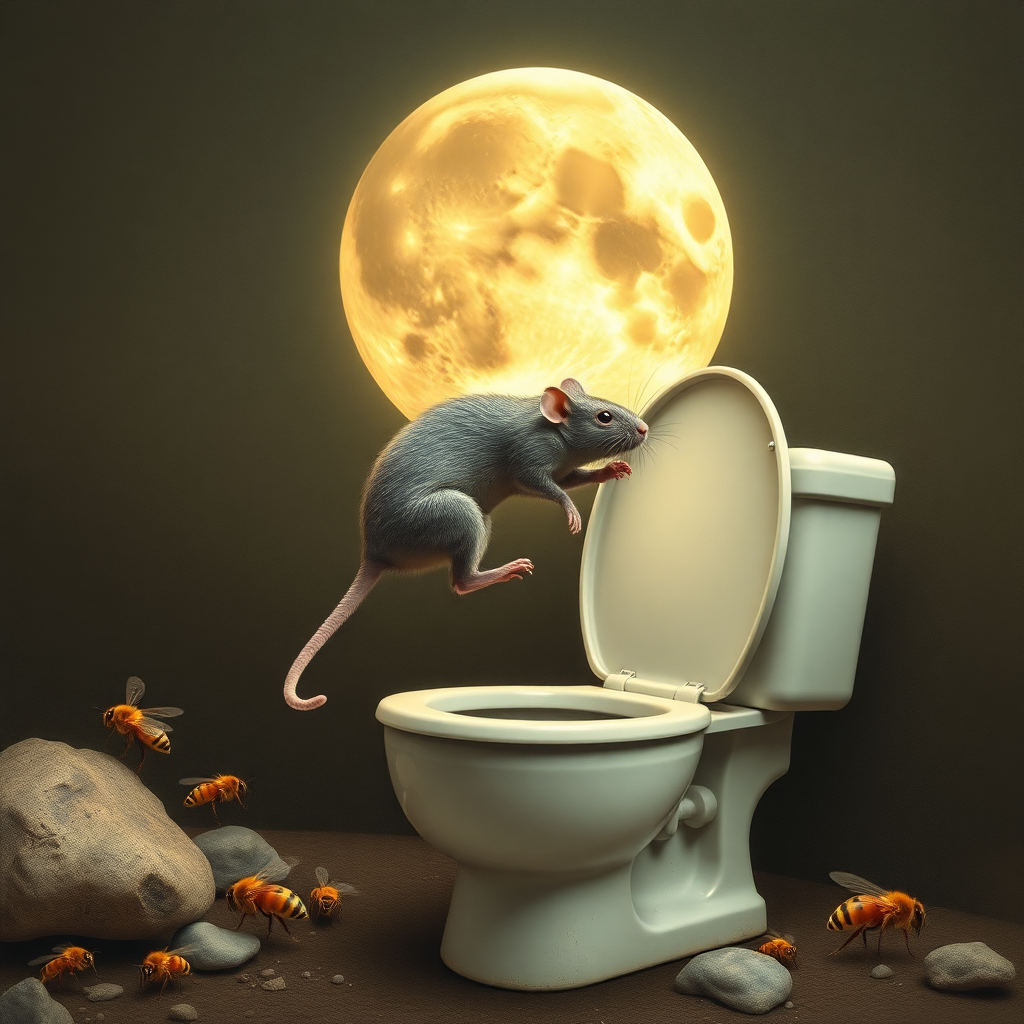 A rat diving off the moon into a toilet, bees, Mongolian