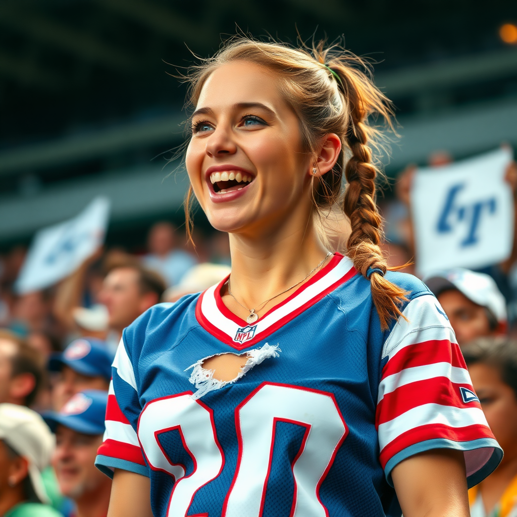 Extremely hot female NFL fan, pigtail hair, partially torn jersey, cheering, inside the crowd