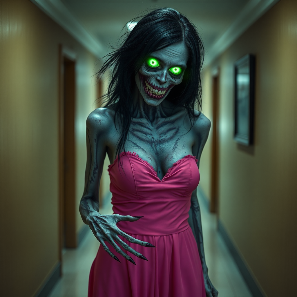 dawn of the dead, sexy skinny extremely horrific irish zombie woman, black raven hair, green glowing, perky boobs, purple nails, purple lips, skeletal face, all over her body rotten pale skin, wearing a pink dress standing in hallway, whole body shot