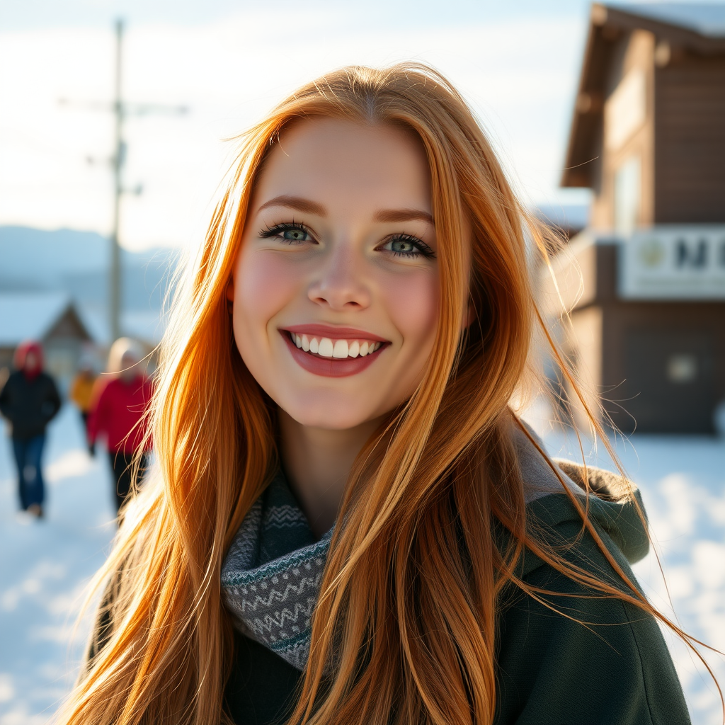 beautiful young woman with lush ginger cherry blonde long hair, full lips, on Alaska Anchorage happy in sunny snow