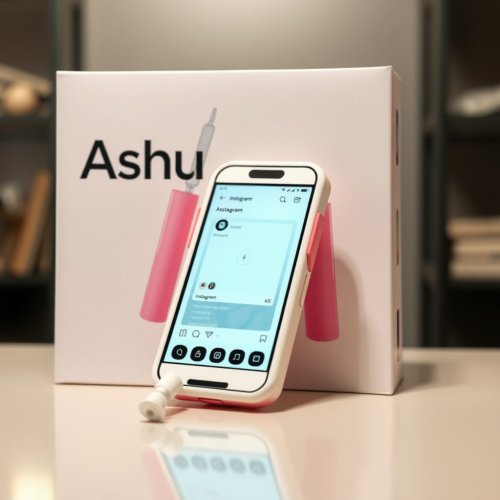 A close-up straight front view of a mobile phone in the shape inspired by a syringe, white and pink futuristic, kept for sale leaning against a box with the text "Ashu" and a minimal design, in a showroom, touchscreen phone with an Instagram page open on the screen, needle on top, white punk.