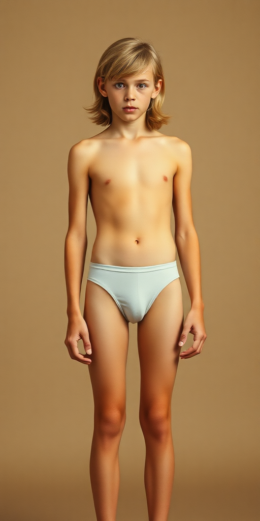 A skinny 14yo teen boy, long hairs bow cut, wearing tight narrow speedo, long legs, narrow thighs. Vintage apparel catalog. full-length view. 1980s. photorealistic, ultra high resolution, 16K, Negative: grainy, blurry, bad anatomy, extra limbs, watermark.