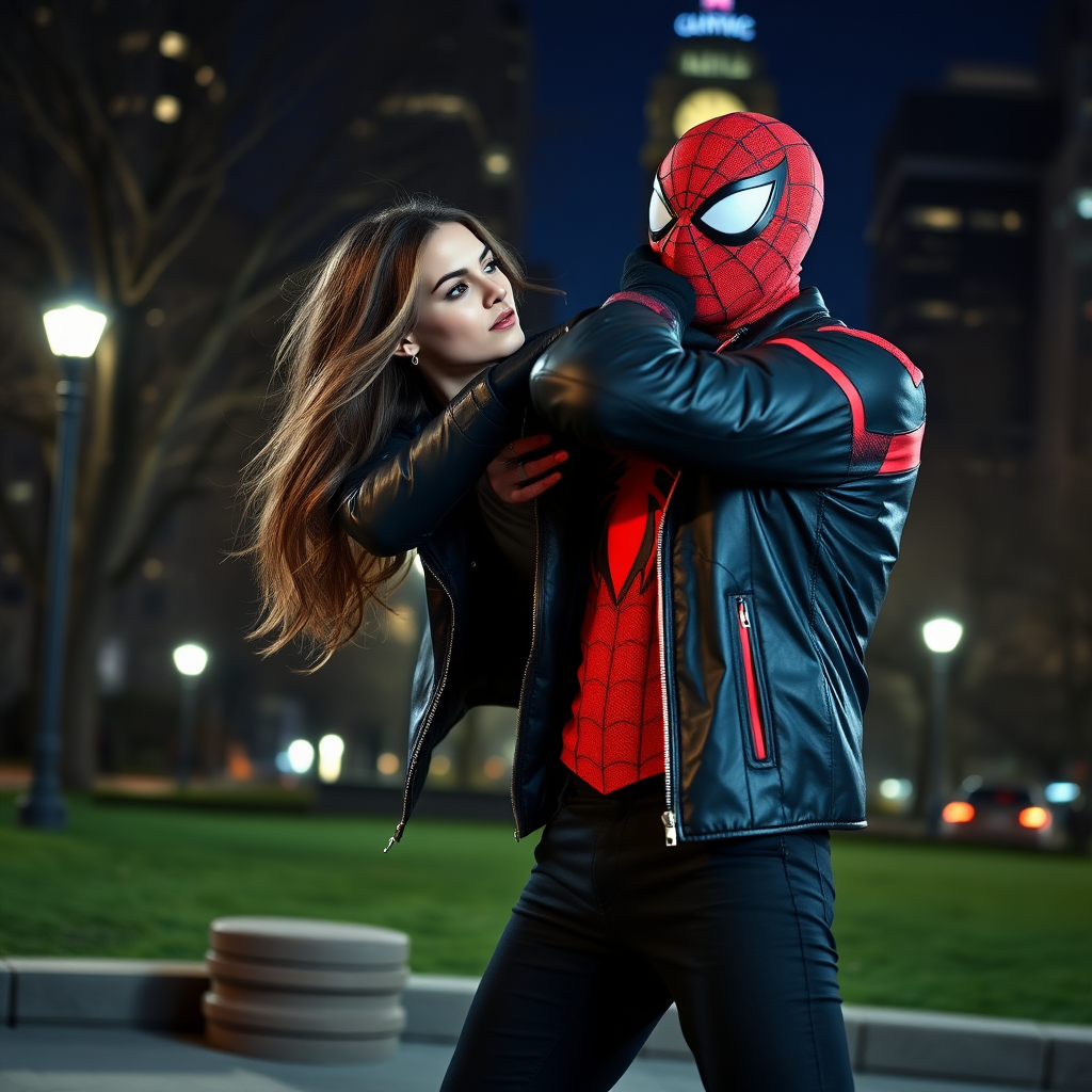 A beautiful angry female burglar in black leather jacket over black t-shirt with black pants and gloves slaps Spider-Man in the face in Manhattan park at night.