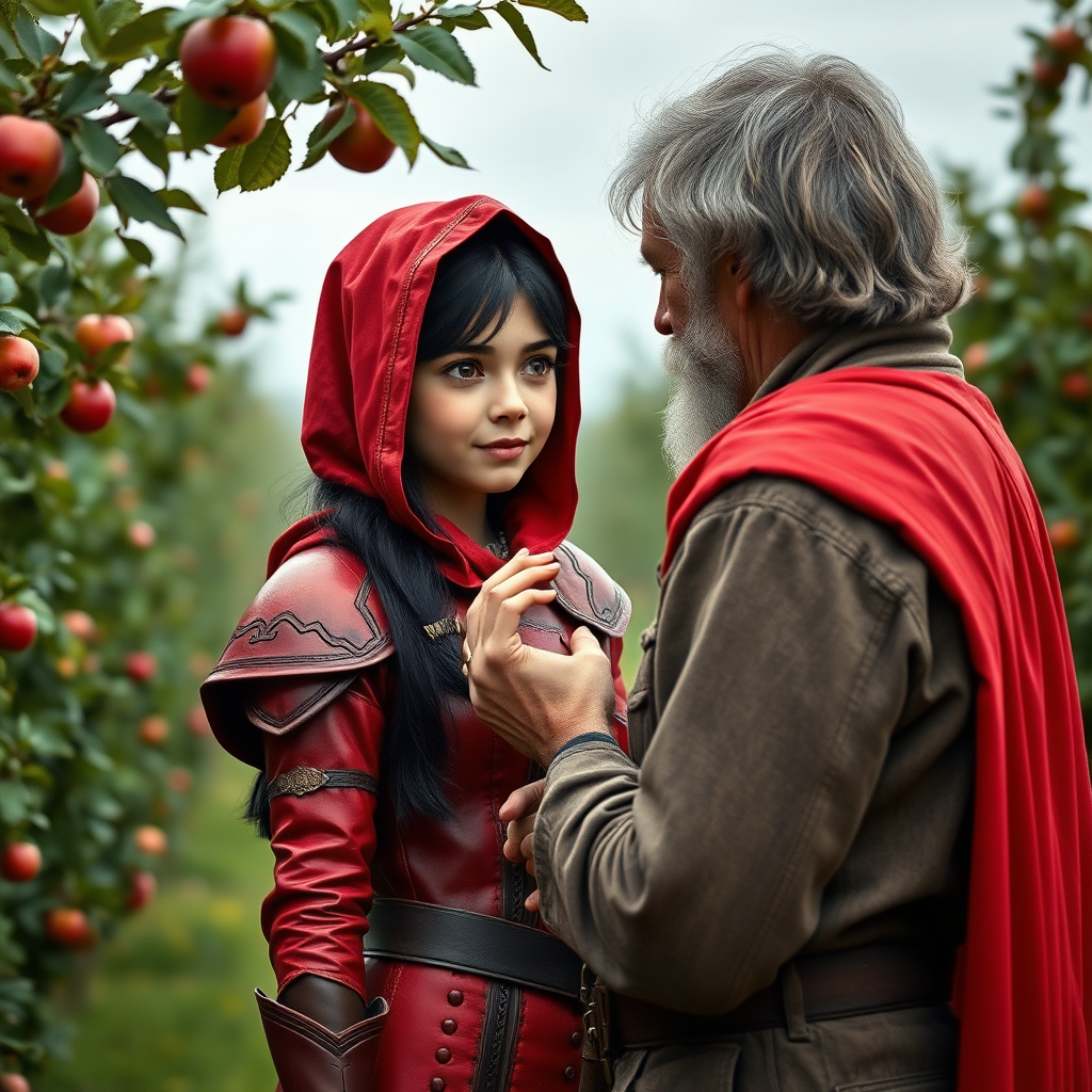 A photo realistic girl with black hair and brown eyes in red leather armor and a red hood showing a gold ring to an old man in dirty work clothes while standing in an apple tree orchard.