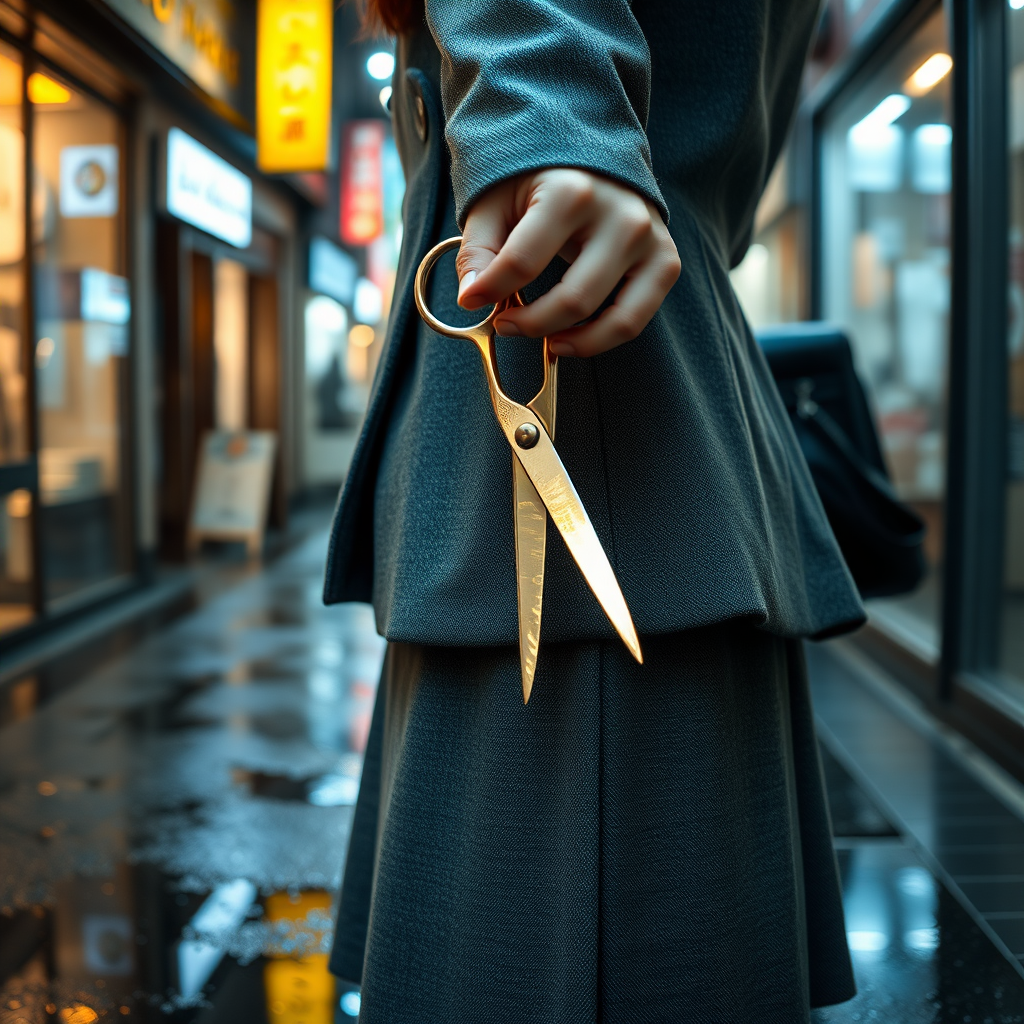 Camera focuses on the lower portion of a young Japanese businesswoman who wears a grey blazer and grey skirt. In her right hand, she grips a pair of scissors like a knife pointed downwards. The scissors gleam from the lights of the shops in the surrounding alleyway. The lights of the shops are reflected in the rain puddles of the alleyway.