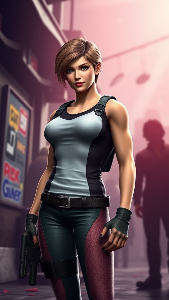 Create a full-length render featuring Daphne Blake using the male figure of Chris Redfield. Keep Daphne's head intact, including hairstyle and facial features. Retain Daphne's original costume, modified to fit the new male form. For the background, blend elements inspired by both characters, creating a unique environment reflective of their combined themes.