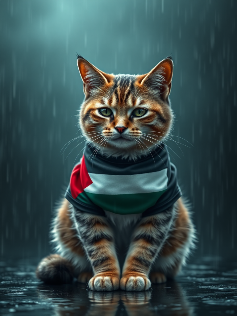 Create a realistic 4K image of a cat wearing a shirt featuring the Palestinian flag. The cat is sitting in the middle of a heavy rain, looking sorrowful with tears in its eyes. The background should depict a gloomy, rainy atmosphere, with raindrops visibly falling around it. The scene should evoke feelings of sadness and empathy, highlighting the contrast between the cat's playful nature and the somber weather. Ensure the fur is detailed and wet, with water droplets glistening, emphasizing the emotional tone of the image.