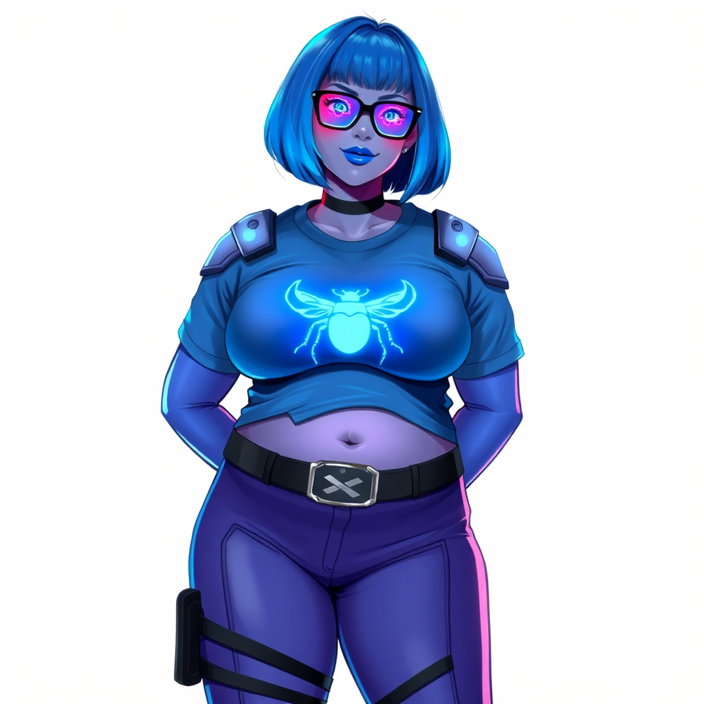 A 28-year-old, full-figured, metallic maximum blue (5PB 5/10) skinned computer program hybrid with a maximum blue bob cut. She has a non-athletic build, highlighted by a prominent, round, large midsection (with emphasis on her belly), which shows the effects of her new love of junk food acquired from her boyfriend. As the full-figured, nerdy, digital sidekick to her cyberpunk vigilante boyfriend, her metallic maximum blue skin and maximum blue lipstick (5PB 5/12) emphasize her digital nature. Her skin has a subtle, animated glow, with digital patterns occasionally flickering across it, making her digital nature obvious. She wears a digital, computerized costume, consisting of a huge, tight-fitting, maximum blue t-shirt (5PB 5/12) made out of advanced nanotech with a neon blue glowing chest icon of a beetle, hi-tech shoulder pads with neon blue accents, a black hi-tech belt with a digital neon blue glowing buckle, digital maximum blue biker pants (5PB 5/12) with neon blue accents, and black hi-tech fingerless biker gloves with neon blue glowing accents. Her neon blue glowing eyes, black eyeglasses with neon blue glowing lenses equipped with a built-in HUD, and bashful smile with neon red blush accentuate her nerdiness. She stands bashfully with one hand behind her back and the other hand gently touching her cheek, her costume covering all her skin and emphasizing her full-figured physique (especially her belly). She is clearly non-athletic, with a focus on her full-figured physique. Despite her build, she radiates beauty. She has a slim face compared to her physique, accentuating her radiant beauty. She is on a solid white background. She is drawn as if she were in a retro 2D cyberpunk fighting game.