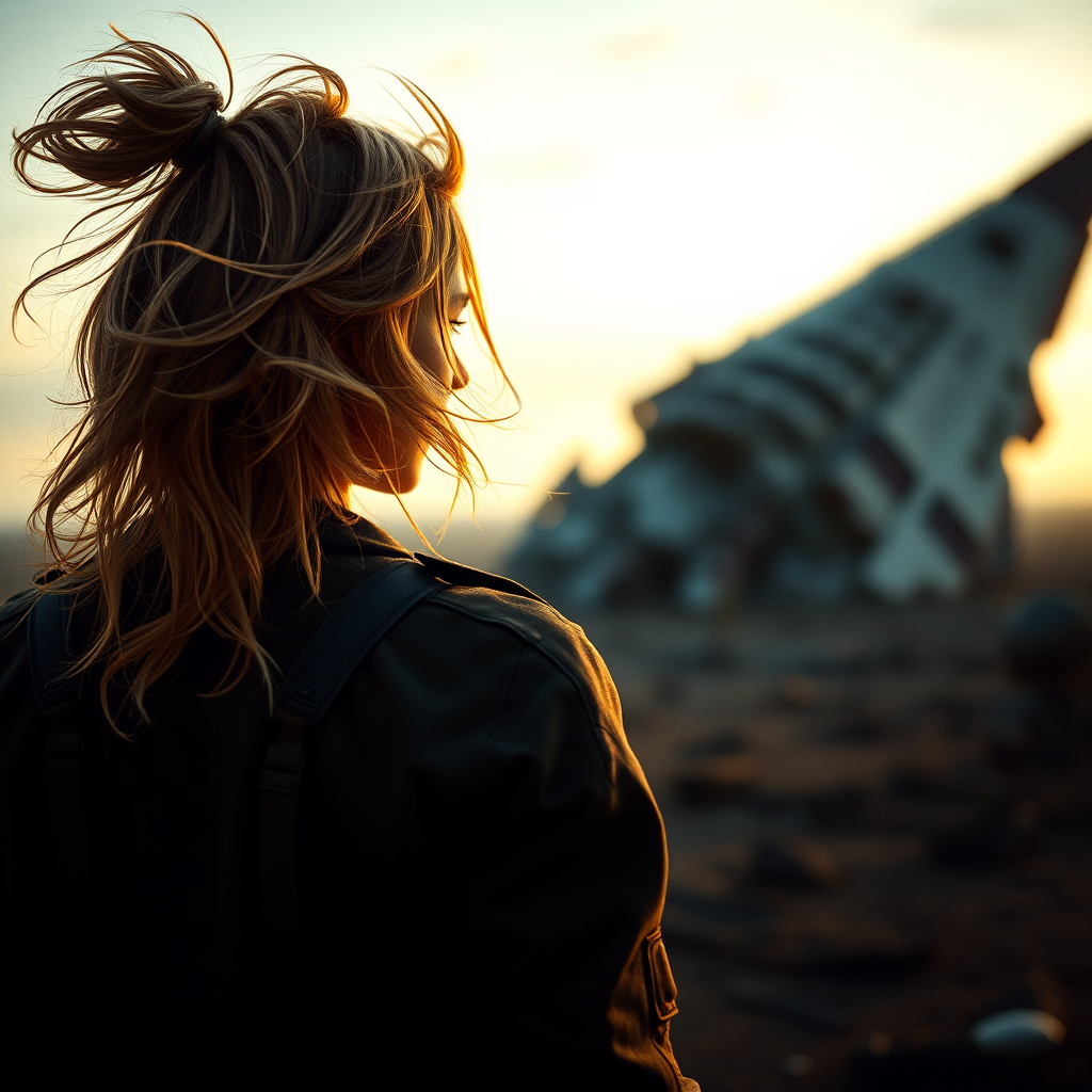 A full body shot from behind of a pretty twenty-something female with a face resembling (Ana de Armas). Strawberry blonde messy shoulder length hair tussled by wind. Military outfit. It is dawn. There is a giant crashed spaceship out of focus in the background. Hyper-realistic, Photorealistic digital matte painting, soft focus, film grain, lens flare. Gritty, dirty, scuffed.