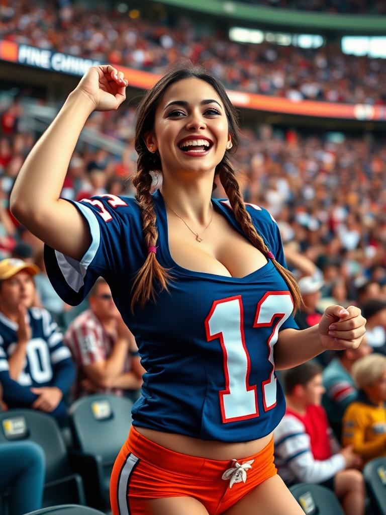 Very attractive female NFL fan, huge chest, jersey, cheering wildly, pigtail hair, crowded stadium bleacher row