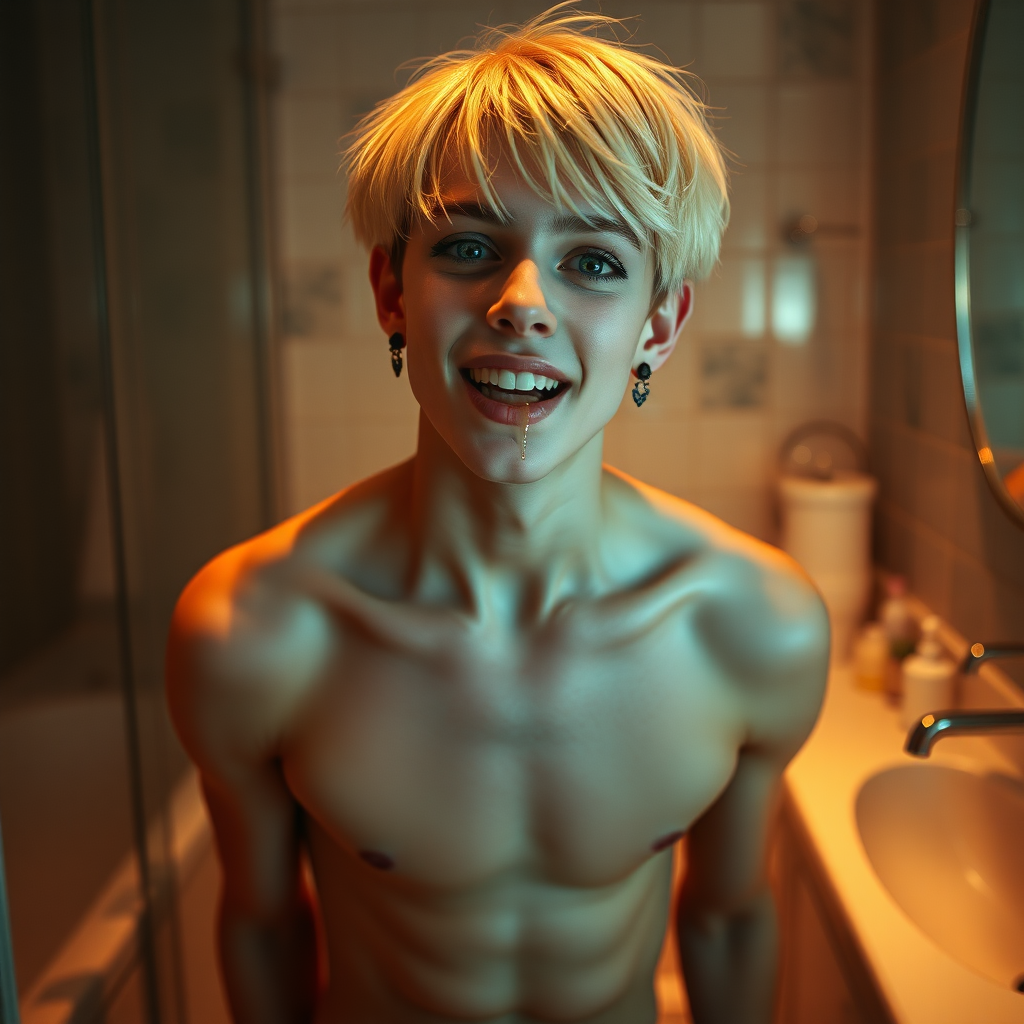 photorealistic, ultra high resolution, 16K, surreal fantasy, studio lighting, a pretty 16 year old goth boy, slim male physique, short blonde hair, goth makeup, earrings, pantyhose, white ballet shoes, in the bathroom, excited smile, facing the camera, drooling from his mouth