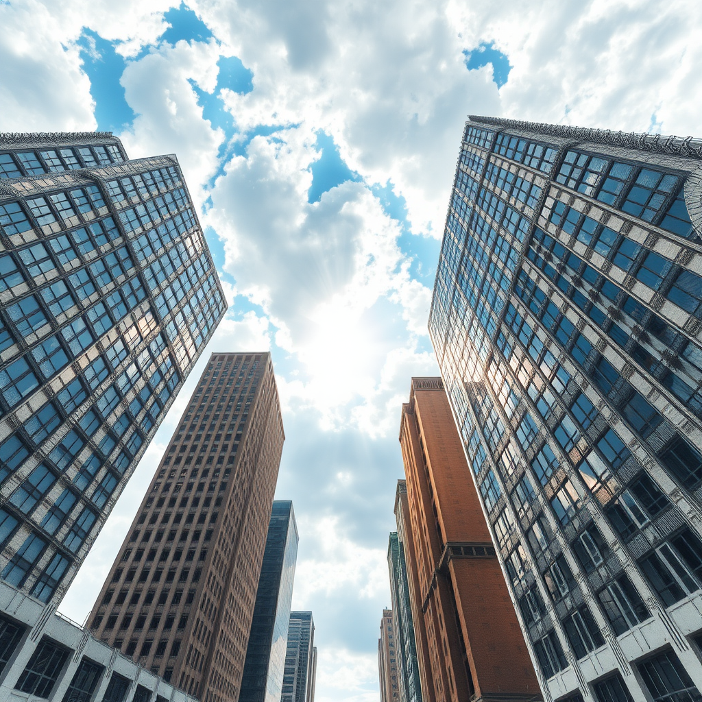 Draw it as if it were a real photo, with tall buildings extending towards the center. Paint the sky in a dramatic scene with clouds and sunlight coming through.