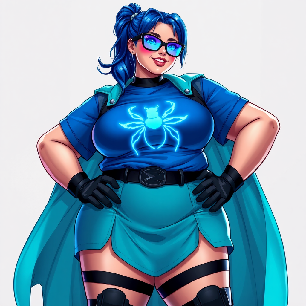 A 28-year-old, full-figured tech genius vigilante, she is the devoted girlfriend and nerdy sidekick of a cyberpunk vigilante. Her maximum blue ponytail and glowing sapphire eyes are striking features. Her prominent, round, large midsection, gigantic limbs, and broad shoulders define her full figure. As the loyal and supportive sidekick, she plays a crucial role in their missions, using her digital and technological prowess to assist and protect.

She wears an oversized maximum blue t-shirt with a glowing neon blue beetle chest icon, maximum turquoise skirt and cape, a black belt with a sapphire scarab beetle, and black high-tech shock gloves. Her neon red blush and lovestruck smile are ever-present. Her full figure shows how massive effects of the pampering by her doting boyfriend. Her nerdiness is unmistakable, accentuated by her black oversized eyeglasses with maximum turquoise lenses. She serves as her boyfriend’s indispensable crime-fighting partner. She is drawn as if she was in a retro 2D cyberpunk fighting game.