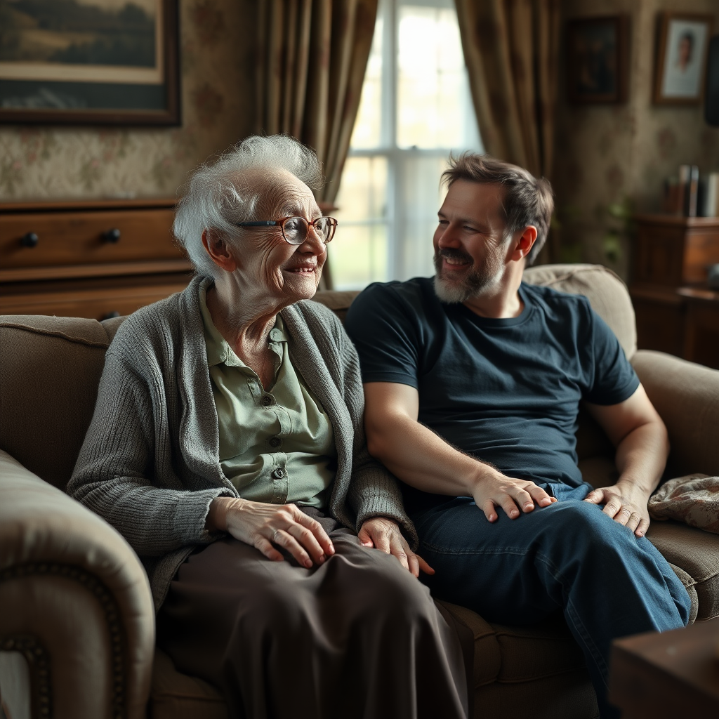 In a scene viewed from an angle and slightly above: In an old-fashioned English living room, a very frail, small and thin, very old and elderly English lady with an ugly face, kind smile, short, thinning white curly hair, wrinkled face, neck and skin, wearing thin framed glasses, an old cardigan, blouse and long skirt is sitting on a sofa with an English man about 40 years old, grey stubble on his chin, brown hair, sitting close next to her on the same sofa, wearing a black T-shirt and dark blue jeans. The man and woman are smiling at each other. The woman is looking at the man's eyes and smiling. The man is looking at the woman's eyes and smiling.