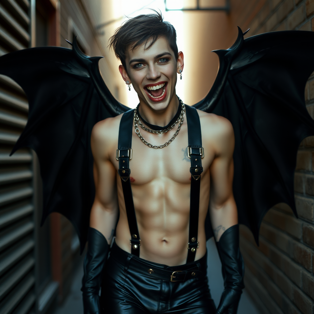 photorealistic, ultra high resolution, 16K, surreal fantasy, soft studio lighting, Tyler Swift is a pretty 18 year old goth male vampire, slim male physique, dark hair, blue eyes, vampire long canine teeth, goth makeup, earrings, shiny black pantyhose, stiletto knee high boots, chest harness, spikey neck collar chain, in an alley during daytime, excited open mouth smile, vampiric fangs and bat wings showing, bulging crotch, facing the camera.