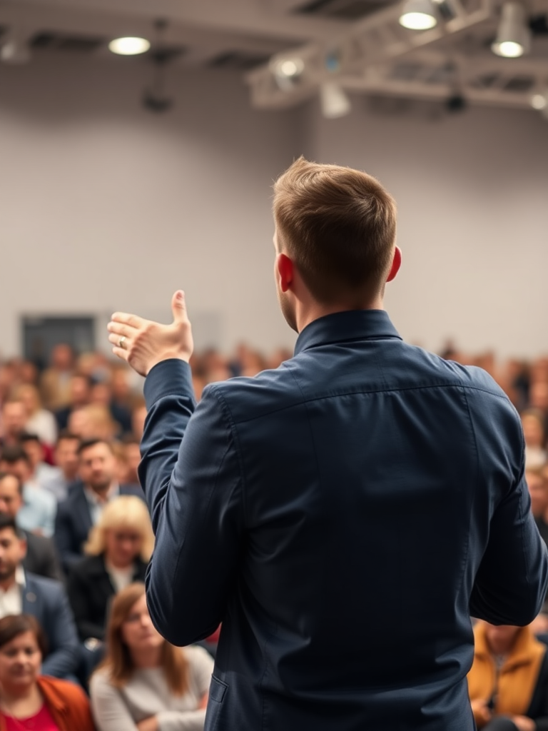 an image expressing leadership or influence, a man enthusiastically addressing an audience, his back to the camera, the audience blurred in front of him, a big crowd, stock photo, white lighting