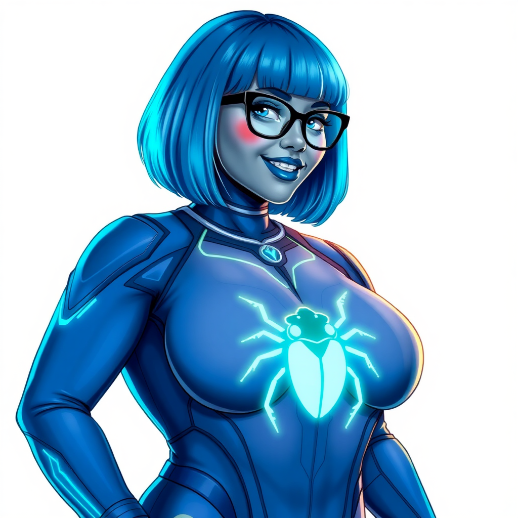 A 28-year-old, full-figured, middle gray metal skinned computer program-human hybrid with a maximum blue bob cut. She is the digital sidekick, computer hacker, and nerdy girlfriend of her cyberpunk vigilante boyfriend. Her middle gray metallic skin, distinct from any other character, highlights her digital nature. She wears maximum blue lipstick and has bright blue eyes. Her outfit includes a maximum blue full bodysuit with neon blue glowing beetle-themed accents completed by a neon blue glowing chest icon of a beetle. Black eyeglasses accentuate her nerdiness, and she has a lovestruck smile with neon red blush. Her full figure, including a prominent, gargantuan, round midsection (with the full emphasis on her gargantuan belly), gigantic limbs, and broad shoulders, reflects the doting care of her vigilante boyfriend. The background is solid white. She is drawn as if she was in a retro 2D cyberpunk fighting game. Ensure her bodysuit covers all her bare skin (especially her round gargantuan belly). Her bodysuit is influenced by DC's superheroine Jennifer Knight Phantom Lady but remains distinct.