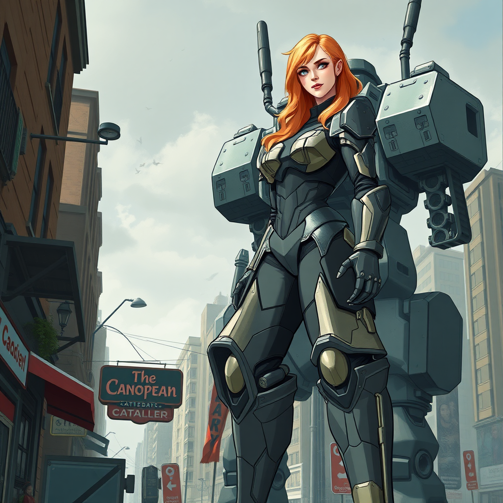 A city street, a bar with a sign that says "Canopean Catcaller". Large battlemech towering nearby with a woman standing on top. She resembles Ana de Armas, has strawberry blond hair and is wearing a formfitting modern armor.