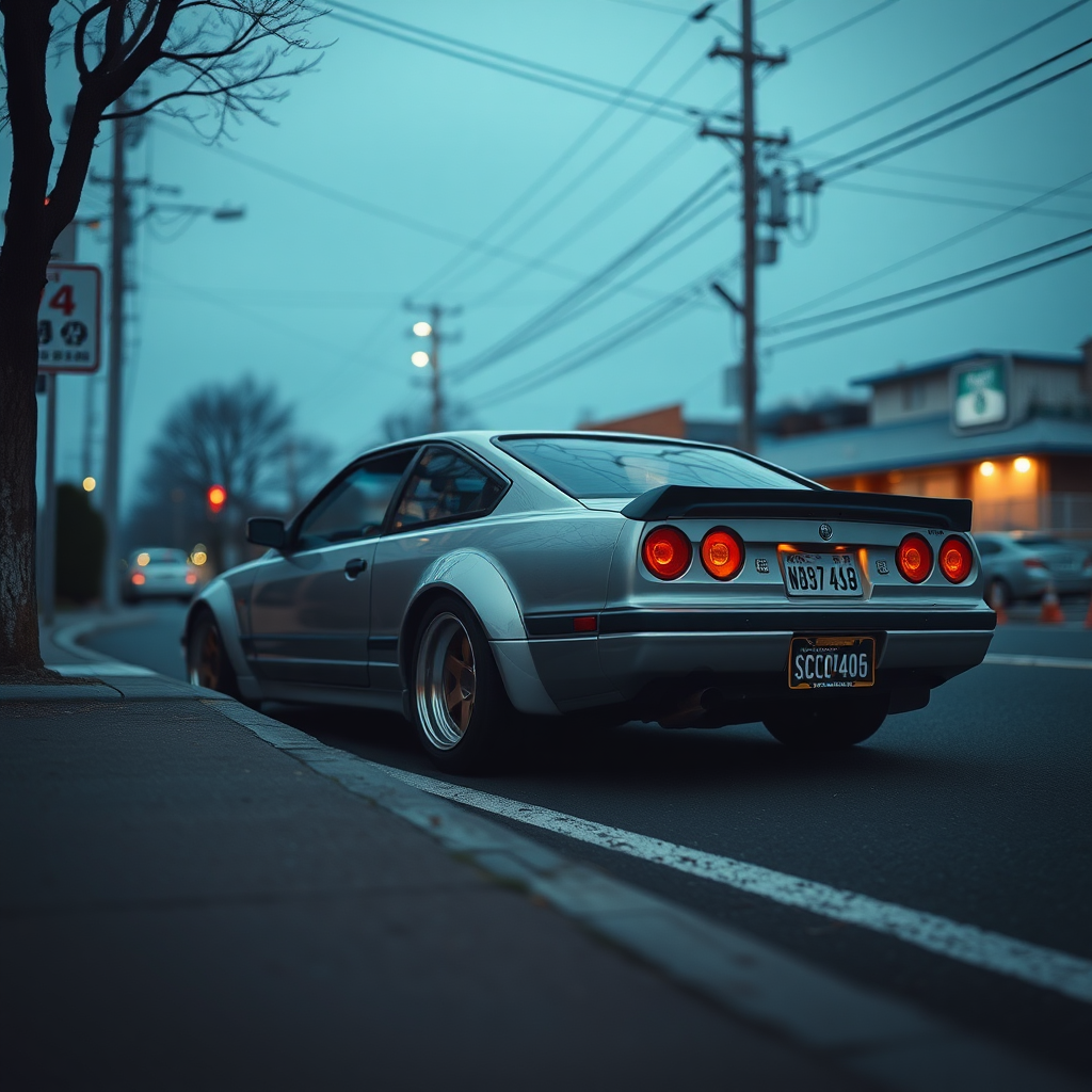 the car is parked on the side of the road, inspired by Taiyō Matsumoto, tumblr, restomod, nd4, c4