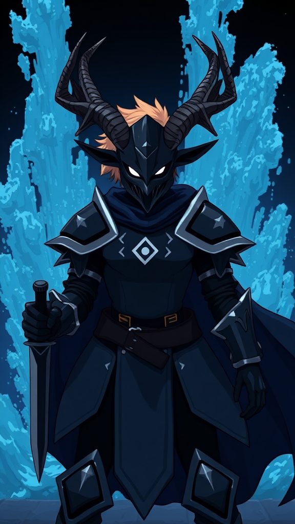 (Anime-pixel art) background of a massive blue-black-dark fountain erupting into the air, a fierce and violent knight stands poised for battle. She wears sleek, black knight armor, marked by a small perfect white eye symbol at its center, exuding an air of intimidation. Her face is obscured by a terrifying goat-like mask, with a single glowing white eye on the right, and another white eye symbol perched at the top of the mask, adding to her menacing presence. The knight's imposing silhouette is accentuated by two large, dark-silver shoulder guards that gleam ominously in the darkness. Draped behind her is a flowing dark-blue cape that billows dramatically, hinting at her formidable power. Atop her head, two impressive deer antlers rise, further enhancing her fearsome appearance, while her short, tousled blonde hair peeks out from beneath the mask, in her the left-hand of her palms she wields a black-dark knife with white-aura around its edges.

This is the Roaring Knight, known as Mayor Holiday from Deltarune, captured in a striking full-body view that highlights both her ferocity and enigmatic allure.