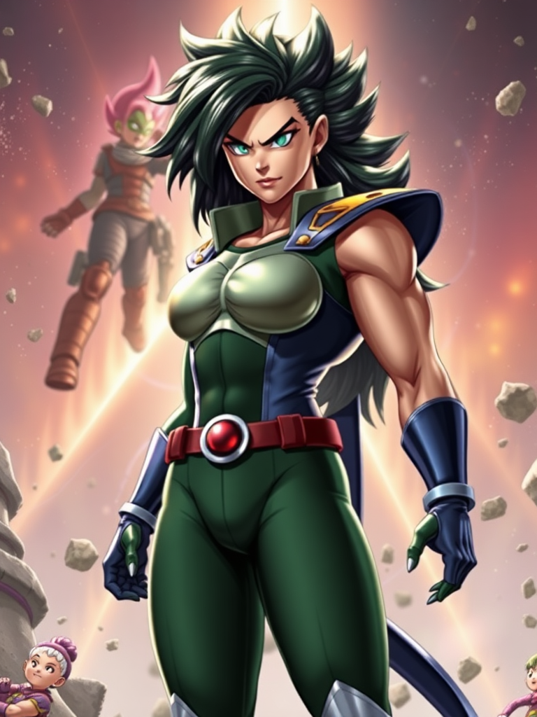 Create a full-length rendered image featuring Rogue from Marvel Comics, utilizing the muscular male figure of Vegeta from Dragon Ball for the body. Retain Rogue’s original head, hairstyle, and distinctive facial features to maintain her recognizable character. Adapt Rogue’s classic costume, integrating elements and embellishments inspired by Vegeta’s iconic outfit, ensuring the attire fits the new proportions of Vegeta’s body. The background should artistically blend significant visuals from both characters’ universes, creating an engaging and dynamic setting that reflects their unique powers and aesthetics, showcasing a moment where strength and sass converge in a striking visual narrative.