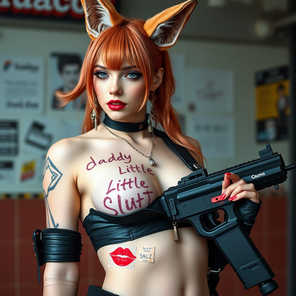 Full body shot, Real life photo of a cyberpunk waifu, she has “daddy’s little slut” written on her skin with lipstick. She is holding a big gun, she has fox ears, tiny metal nipple tassels.