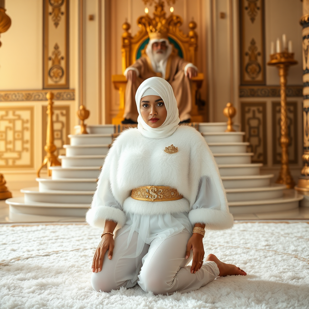 Kuwait desert palace throne room, throne raised on stair head, old overweight mighty sheik sitting on throne. In front of stairs, kneeling on white fluffy carpet: Melissa, European 17 years old very convincing femboy “trophy-bimbo”, tamed servile docile, rather short, by hormones very curvaceous womanly figured, platinum blond short tight curls, heavily made-up eyes, wearing Supertanya-style fluffy very fuzzy bright white angora turtleneck-poncho cropped ending under bust decorated with pearls and gemstones, striking oriental wide gold bridal protection belt, white fully transparent harem pants, full Oriental bridal jewelry, face covered by white sheer full Burka, coin anklets, striking diamond “$$$” letter brooch on left chest, pout frustrated, hands tied behind back, looking at camera. Focus on face and turtleneck-poncho.