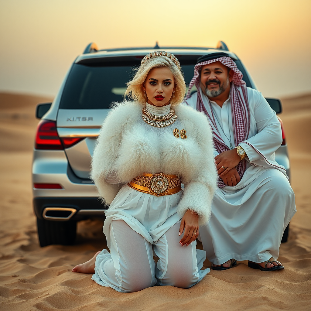 Kuwait desert dunes misty dawn, full size luxury SUV: Melissa, European 17 years old very convincing femboy “trophy-bimbo”, tamed servile docile, very beautiful feminine flawless face, rather short, by hormones very curvaceous womanly figured, platinum blond short tight curls, bold red lips, heavily made-up face, wearing Supertanya-style fluffy very fuzzy bright white angora turtleneck-poncho cropped ending under bust decorated with pearls and gemstones, striking oriental wide gold bridal protection belt, white fully transparent harem pants, full Oriental bridal jewelry with striking headpiece, full Oriental face-jewelry, striking diamond “$$$” letter brooch on left chest, pout frustrated, hands tied behind back, kneeling in sand in front of SUV, looking at camera. Focus on face and turtleneck-poncho. Sitting next embracing Melissa: older overweight mighty sheik laughing.