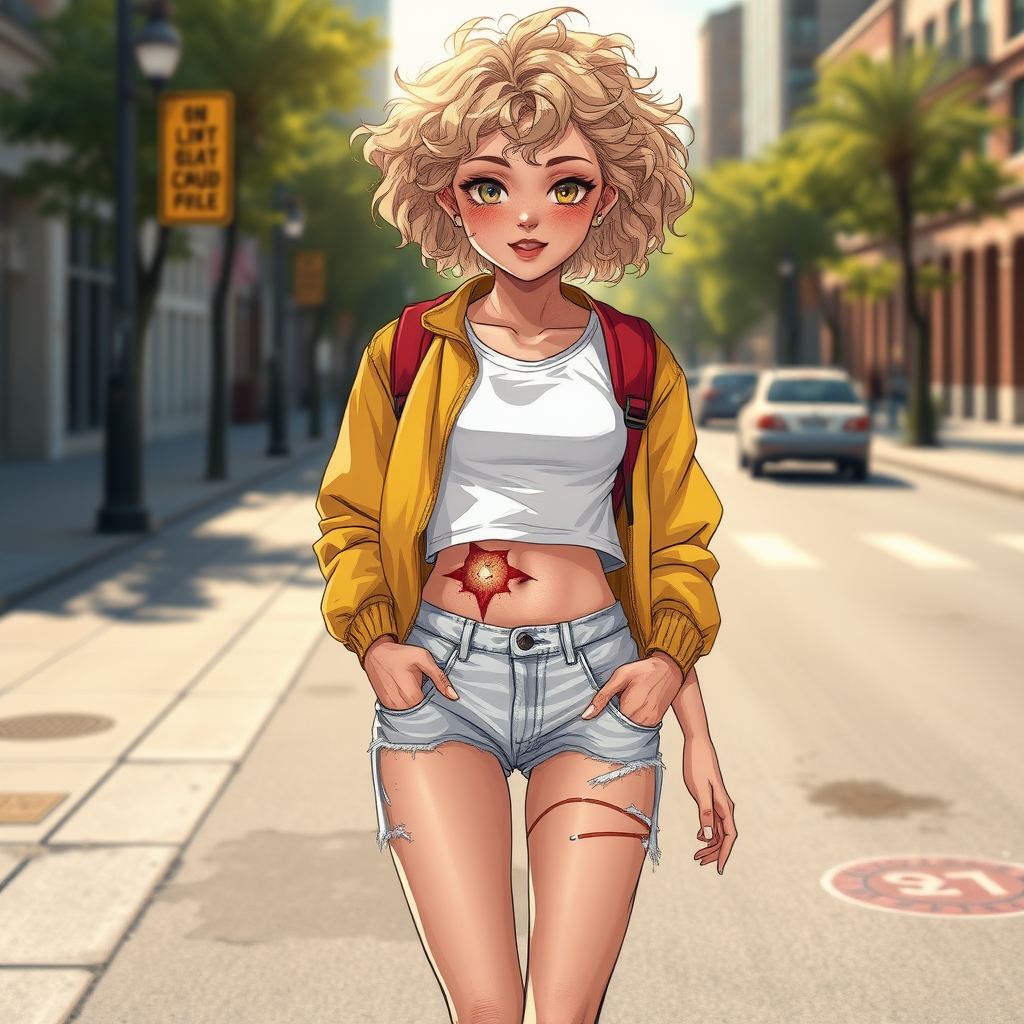 Realistic drawing style image, Extremely good quality 8k resolution drawn manga image of a 15 year old petite and short tomboy girl with golden blonde curly hair with mixed and different colored eyes for each eye and moles on her entire body and is a white American girl, Has on a Gold Jacket over a white extremely short crop top only covering her breasts and nothing more with a design on it, and has on ripped shorts and cool looking sneakers and a deep and big knife cut wound on her stomach from a huge injury she had, with a bright color backpack, ear piercings on, walking on the street to school in the morning with the beautiful sunlight lighting up her body beautifully with no tattoos.