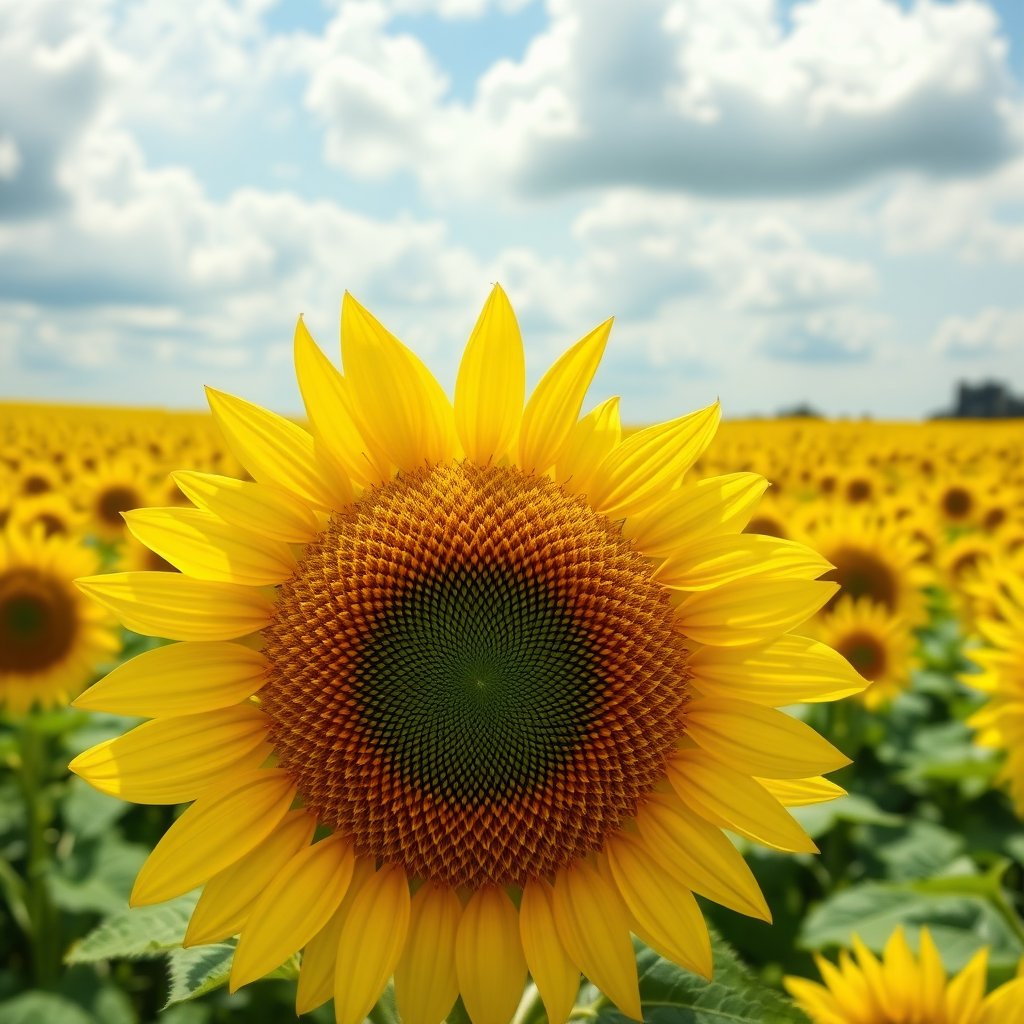 A vibrant sunflower field during midday, emphasizing the striking yellow petals of the sunflowers in the foreground. The scene captures a hyperrealistic aesthetic, showcasing intricate details of the sunflower's center, with a rich texture of seeds surrounded by a network of short golden filaments. The background features a vast expanse of sunflowers, all facing the direction of the sun, creating a harmonious wave of yellow against a partly cloudy sky. The clouds are soft and fluffy, casting gentle shadows over the field. Vivid green leaves and stems provide a fresh contrast to the bright yellows. Overall, the composition evokes a sense of warmth and cheerfulness typical of late summer days.