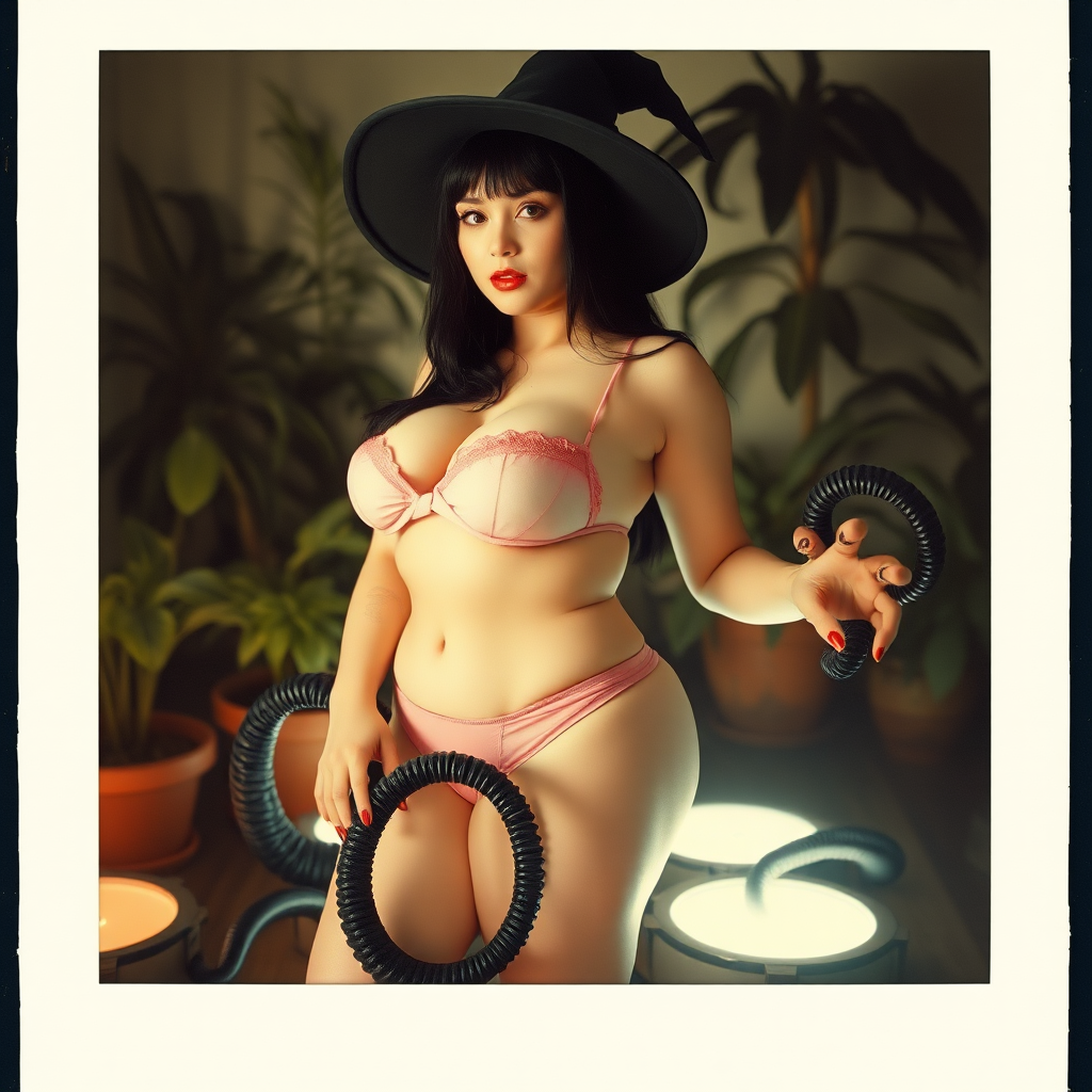 An old polaroid photo with a color tint to the photograph and visible light leaks. The photo depicts a sexy alt goth girl with pale skin and black hair. She has a plump booty. She has large breasts with ample cleavage and she is wearing a skimpy thong. The fabric of her thong is skimpy and pink and white and barely covers her and her bra is translucent and pink and white. She is in a photography studio with artistic lighting and plants are all around her. She is wearing a witch hat. She is restrained and surrounded by black tentacles coming out of magic glowing portals on the floor, grabbing her arms and legs.