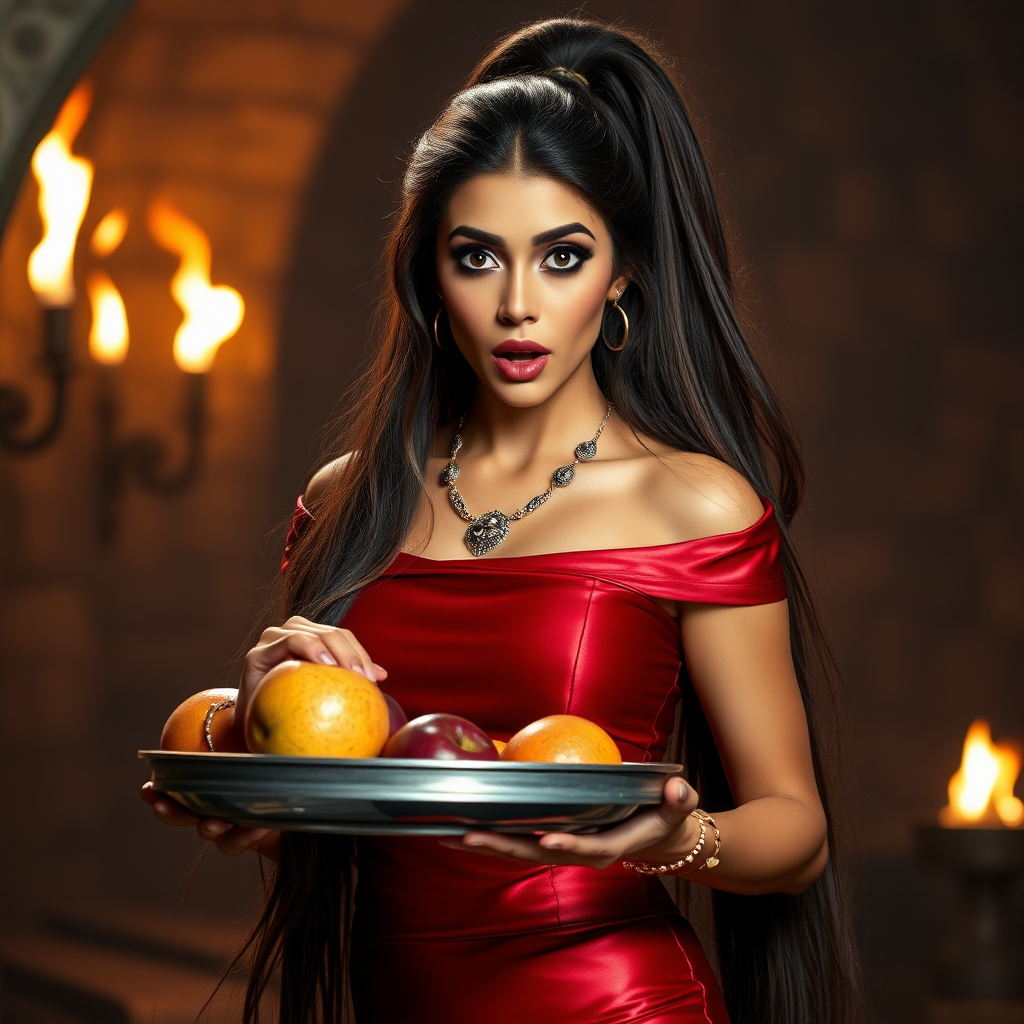 realistic photo of a surprised Arabian model with mouth open looking at the camera. She has very large eyes, black eyeshadow, black eyeliner, fake eyelashes, very tanned skin, very long hair. very high ponytail, she looks like Princess Jasmine, shiny red off shoulder crop top. photo realistic. She holds a metal tray with fruits just above her waist. crop top, shiny red skirt. full body view. shiny red pencil skirt. dungeon with fire torches in the background.