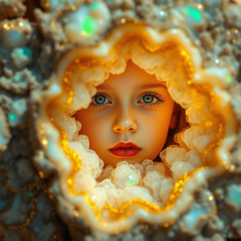 young girl, high quality photo, intricate environment, ultra-detailed, impressionistic, dynamic composition, artistic photograph, geode, alabaster, gold, fractal, brilliant colors, glittering, sunlight, illumination, transparency, translucent, opal