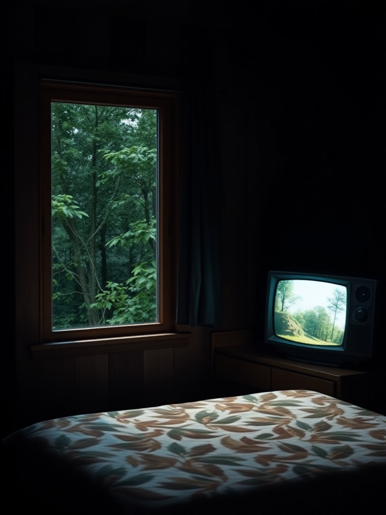 Beside a small window is a wooden bed, and outside the window is a lush green forest. At night, the glow from an old television in the room intertwines with the darkness. A nature documentary is playing on the TV, while the bedspread features a leaf pattern, creating an overall scene that radiates a sense of tranquility, blending seamlessly with nature.