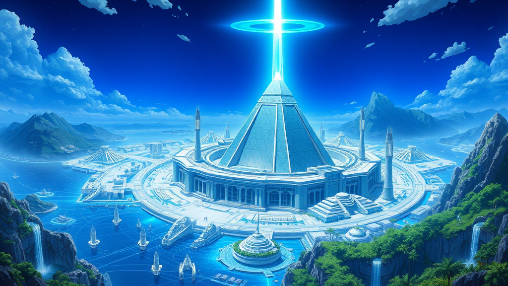 This anime art of Greater Atlantis is a stunning vision of futuristic elegance and mythical grandeur:

The cityscape is vast and intricate, with towering Greek-styled structures that showcase advanced technology. These buildings are crafted from blue marble, each uniquely shaped with flowing, ornate designs that blend classical aesthetics with futuristic elements.

At the heart of the city stands a colossal pure-quartz pyramid, its crystalline surface shimmering with an inner light. Atop the pyramid is a radiant crystal, casting a brilliant blue beacon that pierces the sky and serves as a focal point for the city's energy and power.

Surrounding the city is a magnificent ringed structure, which encircles the entire metropolis, providing both protection and a majestic boundary. The waters around the city are dotted with advanced technological artifacts, including white, floating, and hovering objects that glimmer as they drift over the surface.

The landscape features lush tropical lands, their vibrant greenery contrasting with the sleek, high-tech city. Nearby mountains are adorned with cascading waterfalls that flow gracefully into the expansive waters, enhancing the city’s serene yet powerful aura.

The sky above is a deep, rich blue, illuminated by the piercing blue beacon and various other lights that reflect off the crystalline surfaces. The overall scene combines elements of ancient grandeur and cutting-edge technology, creating a breathtaking depiction of Greater Atlantis that is both enchanting and awe-inspiring.